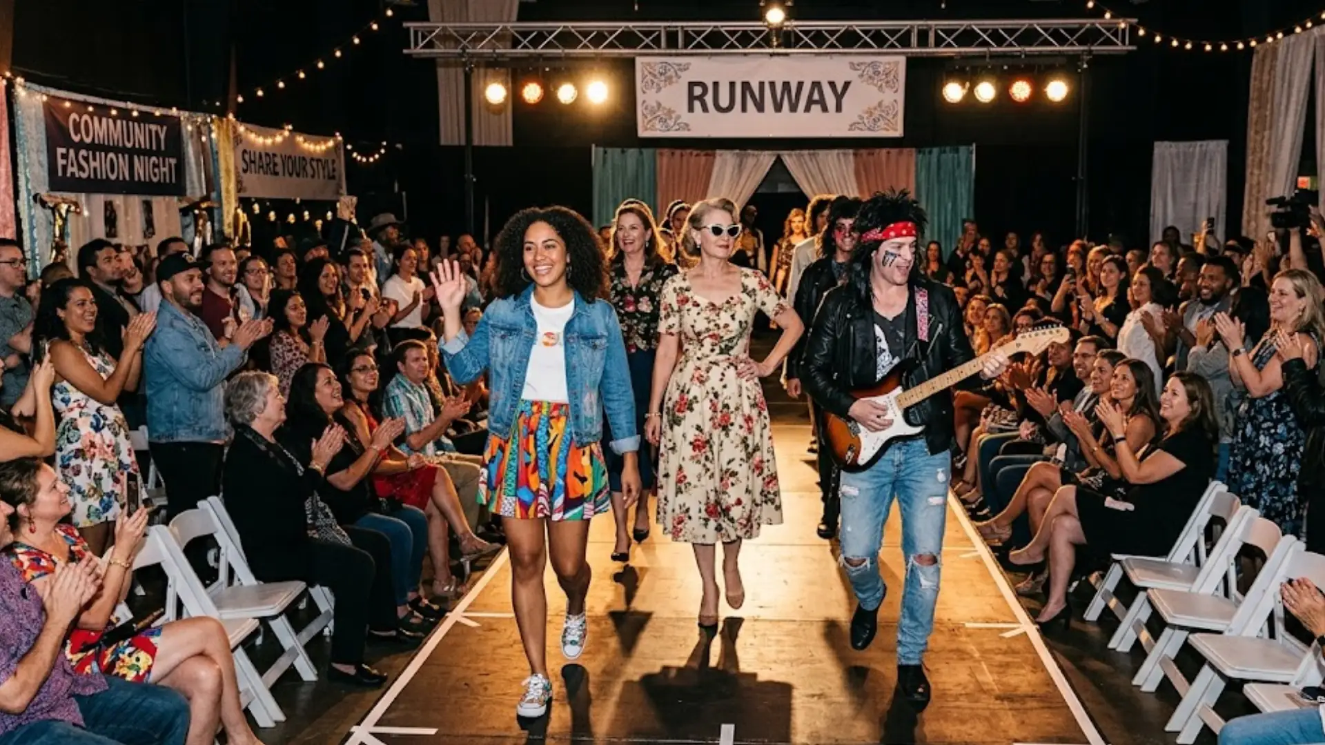 Community fashion show runway with models walking stage, audience clapping and enjoying lively event