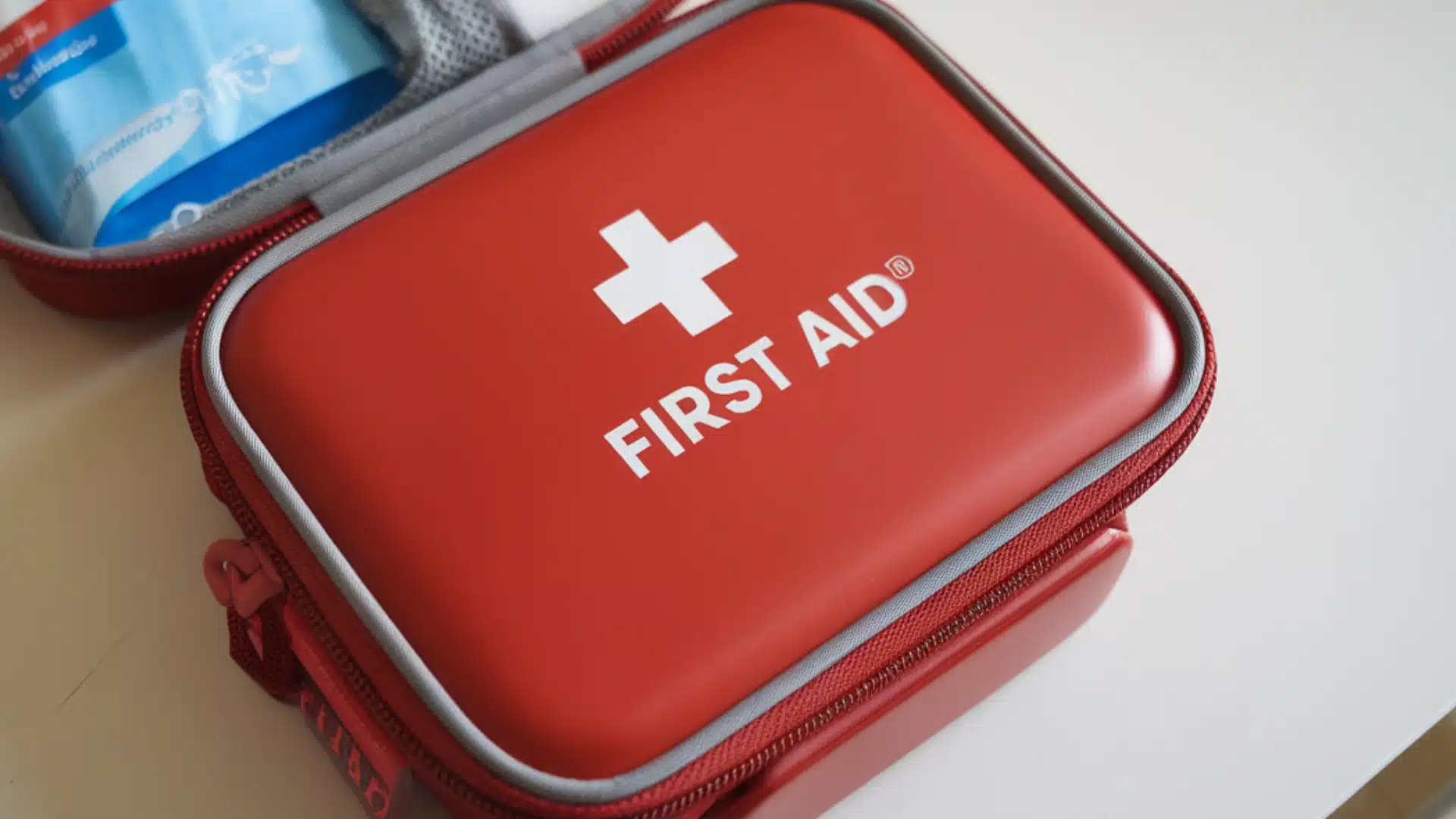 Compact red first aid kit with medical supplies visible inside organized case on clean surface