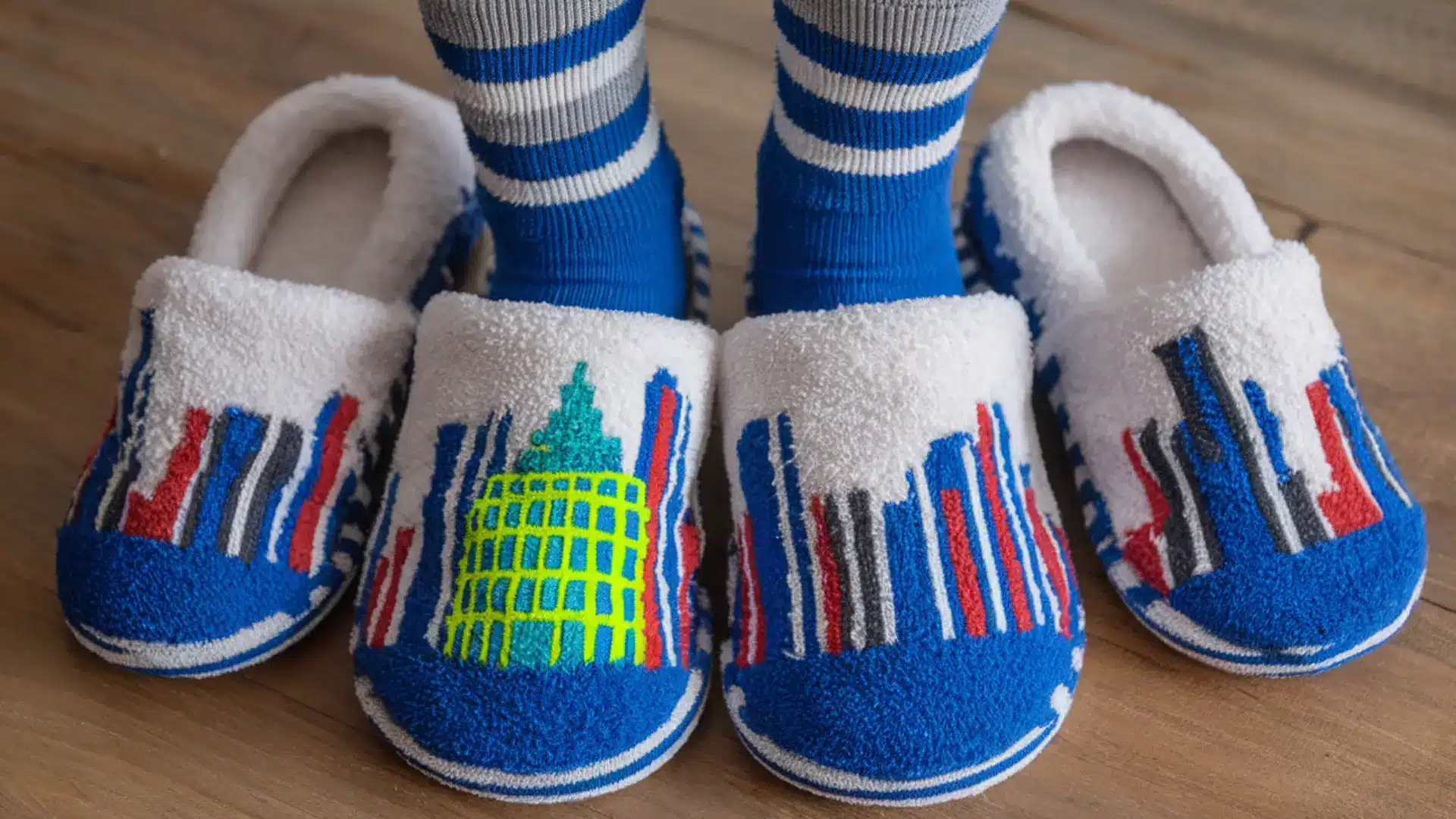 Cozy slippers and striped socks with colorful city skyline pattern worn on wooden floor indoors