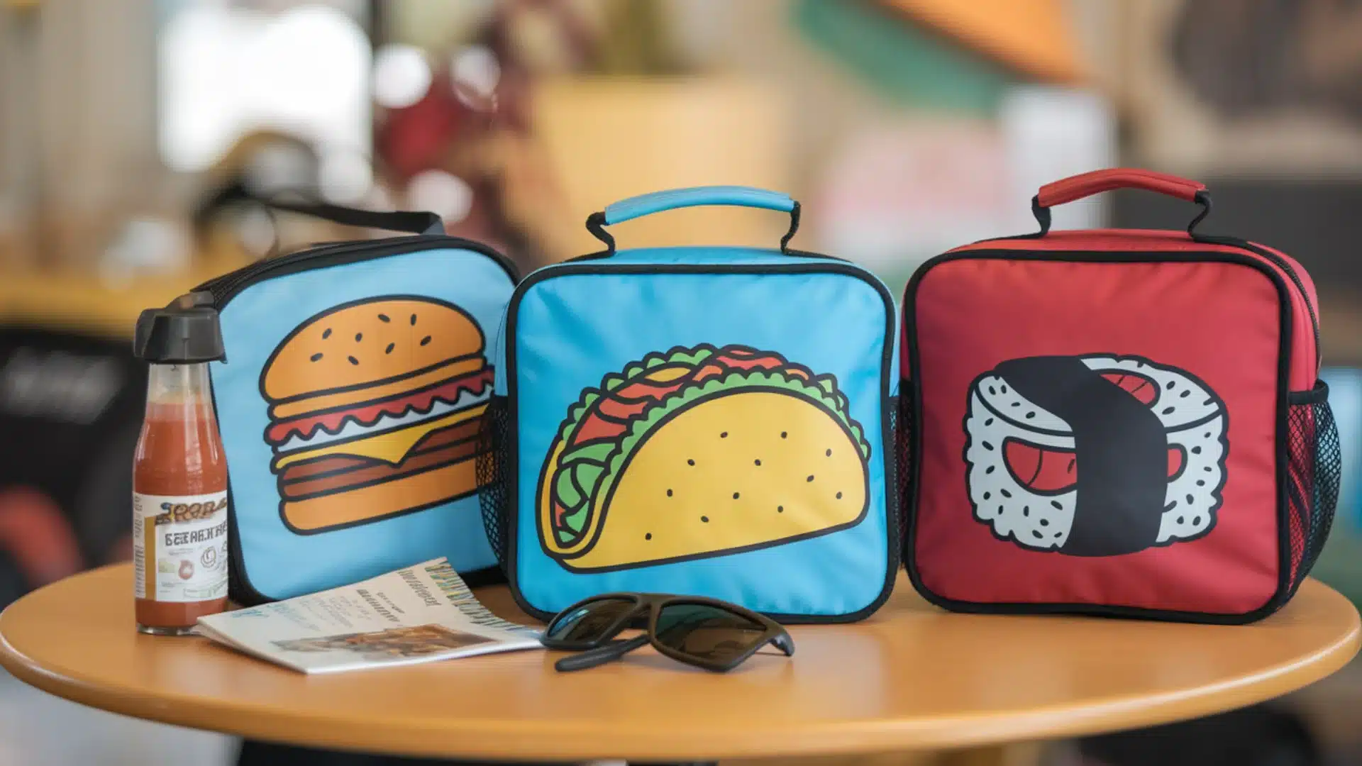 Custom insulated lunch bags with food graphics placed on table with sunglasses and drink bottle nearby