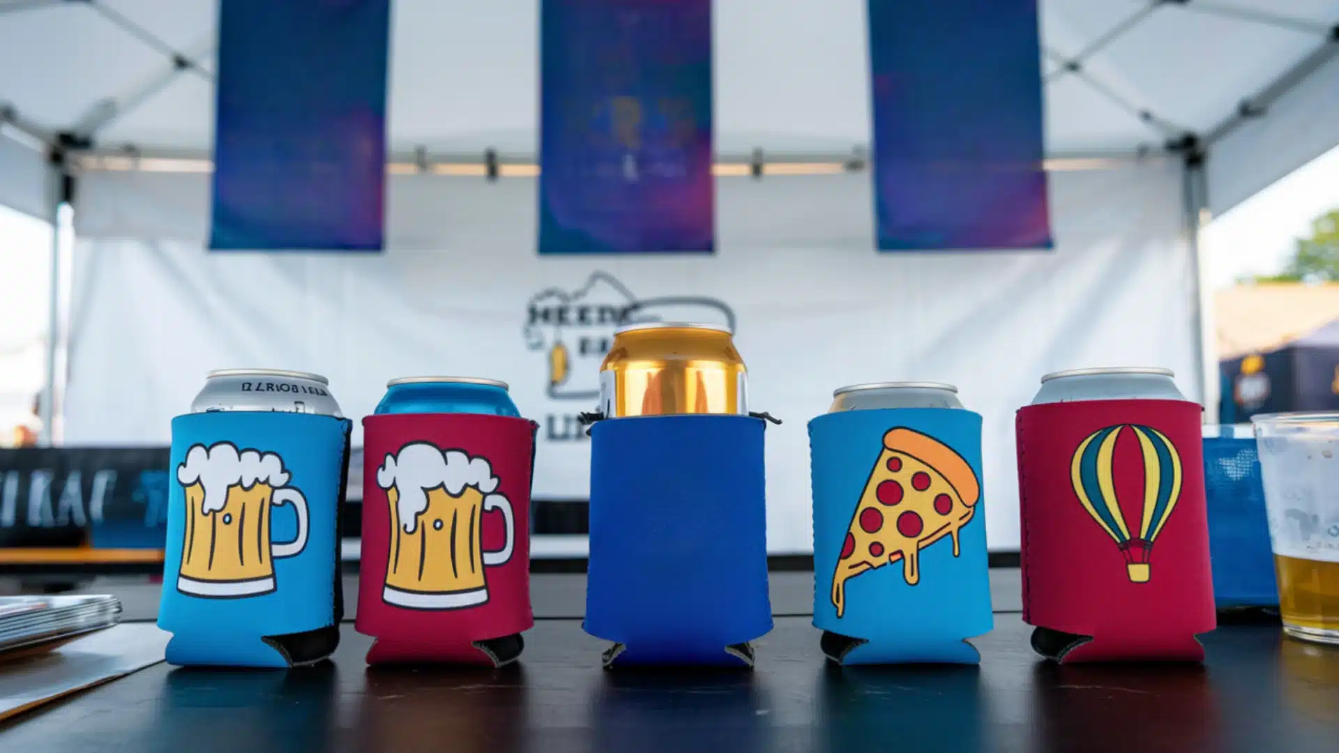 Custom printed can coolers with fun designs holding beverage cans displayed at outdoor event booth