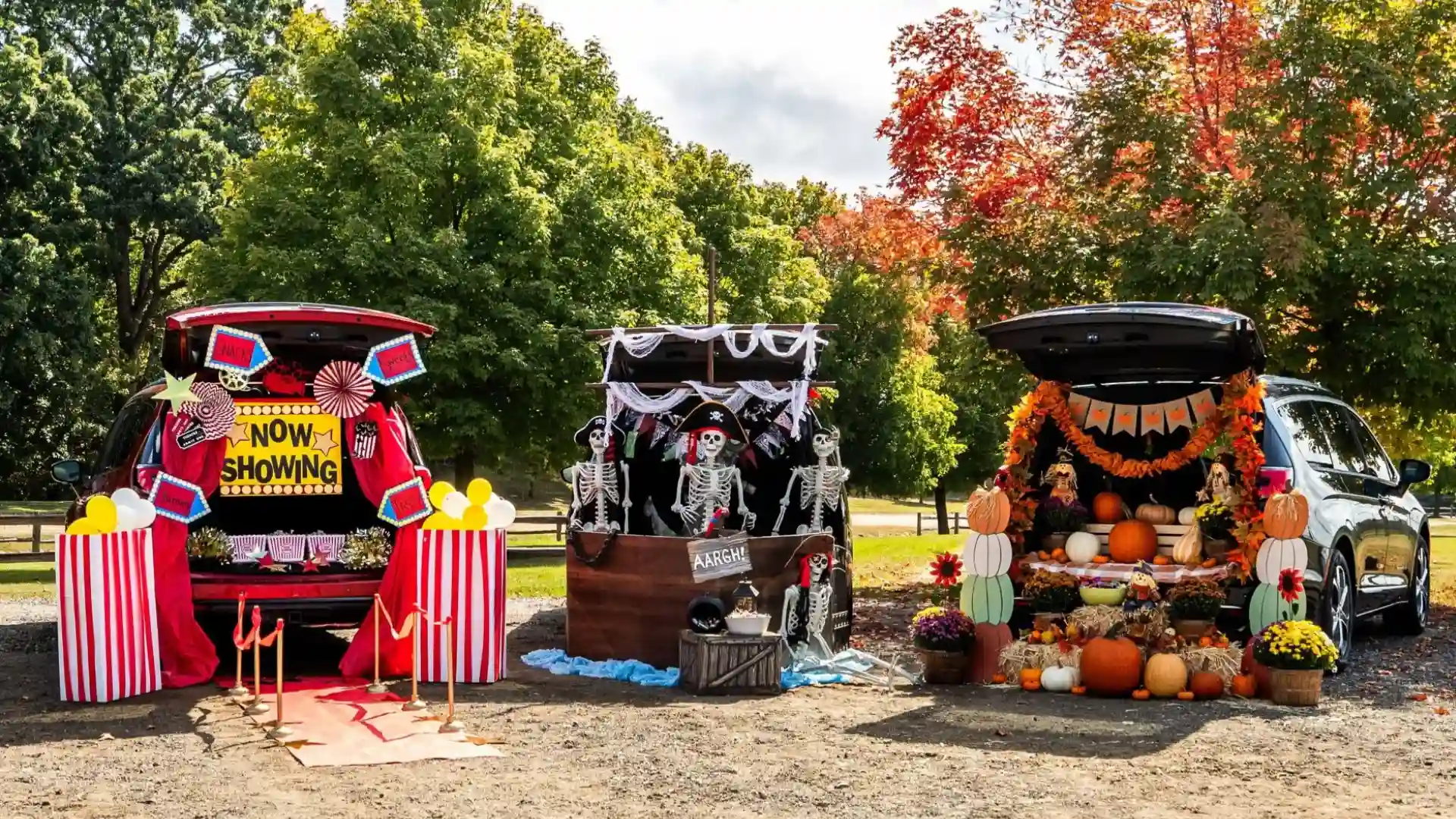 Decorated car trunks with Halloween themes at a school trunk or treat event featuring pumpkins and festive displays