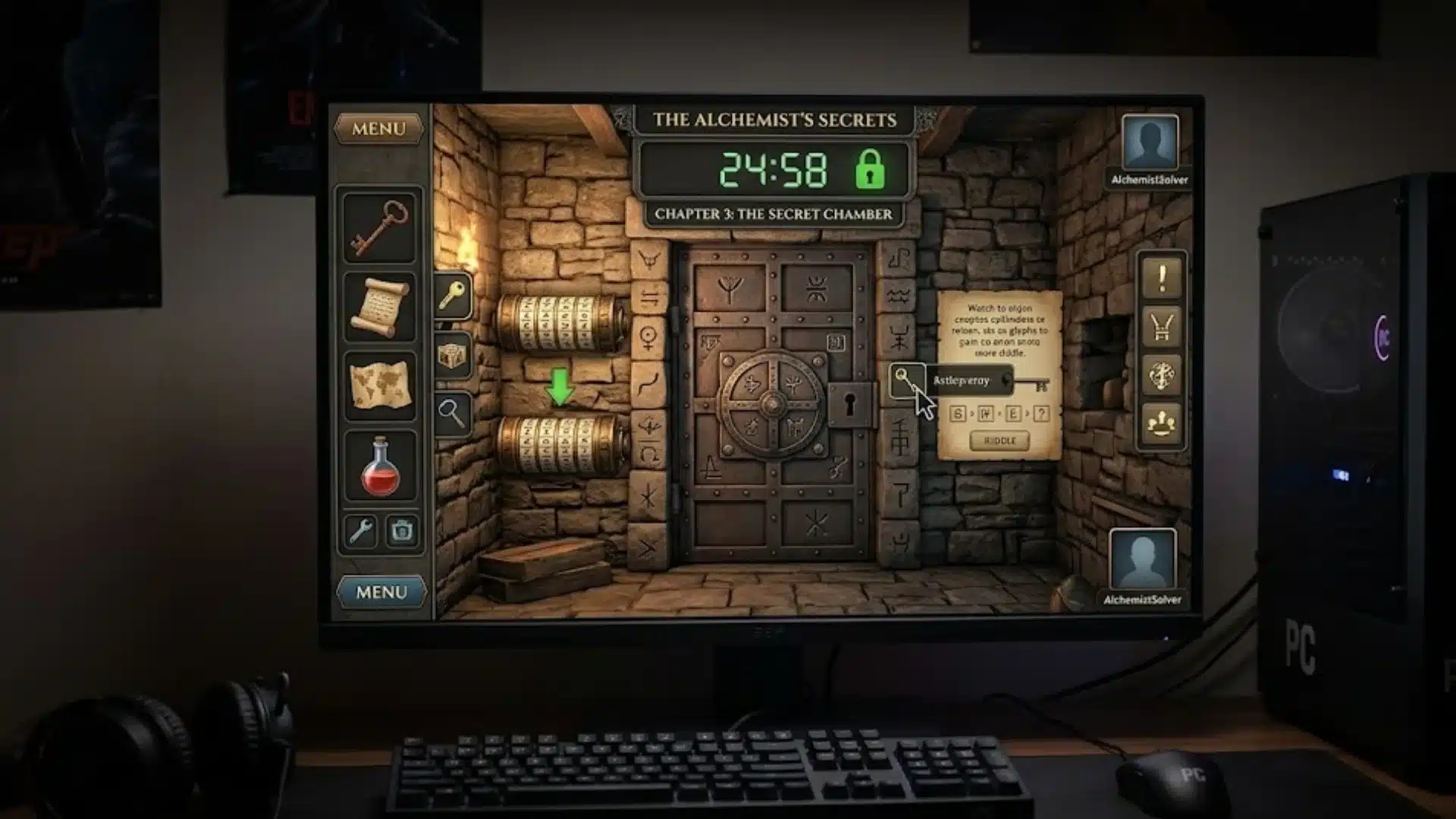 Desktop computer showing escape room puzzle game on monitor with keyboard, mouse, and PC setup on desk
