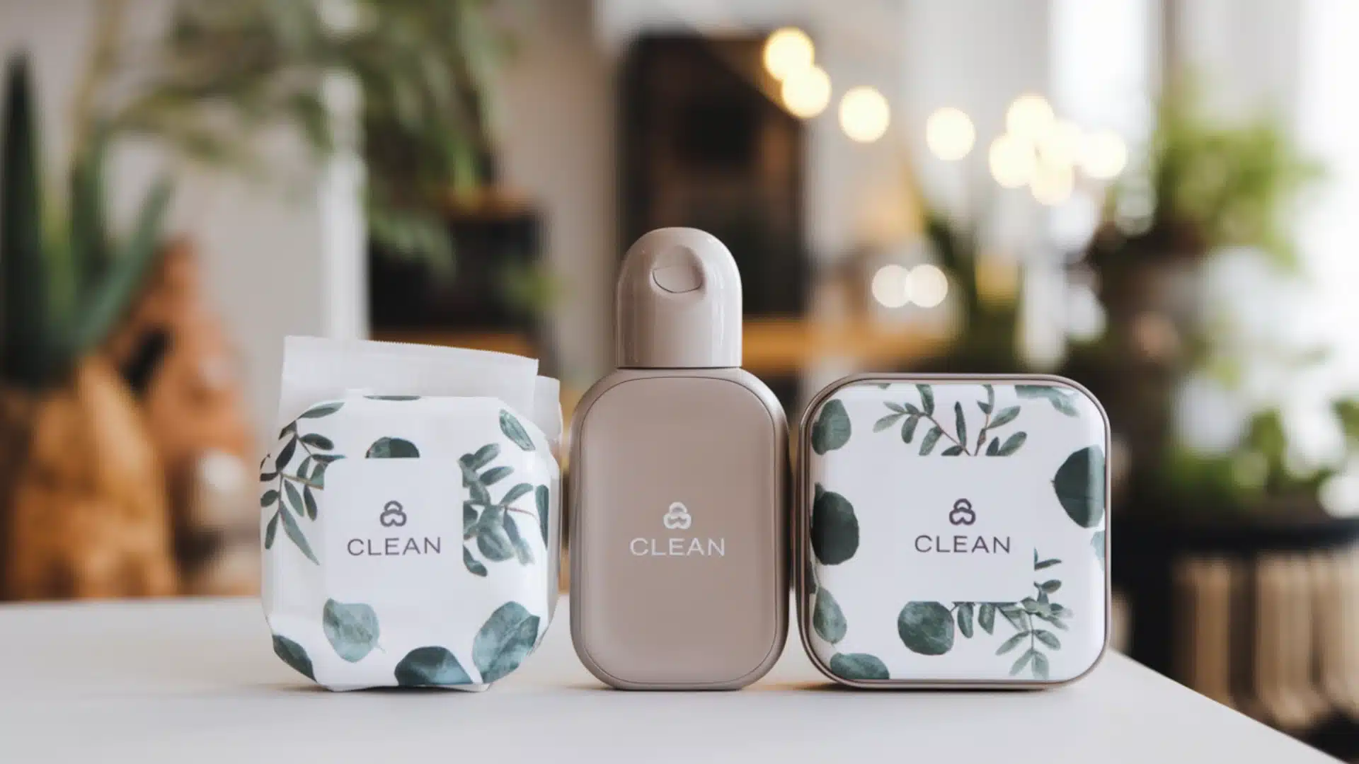 Eco friendly hand sanitizer spray bottle, wipes pack and tin with leaf design on a clean tabletop