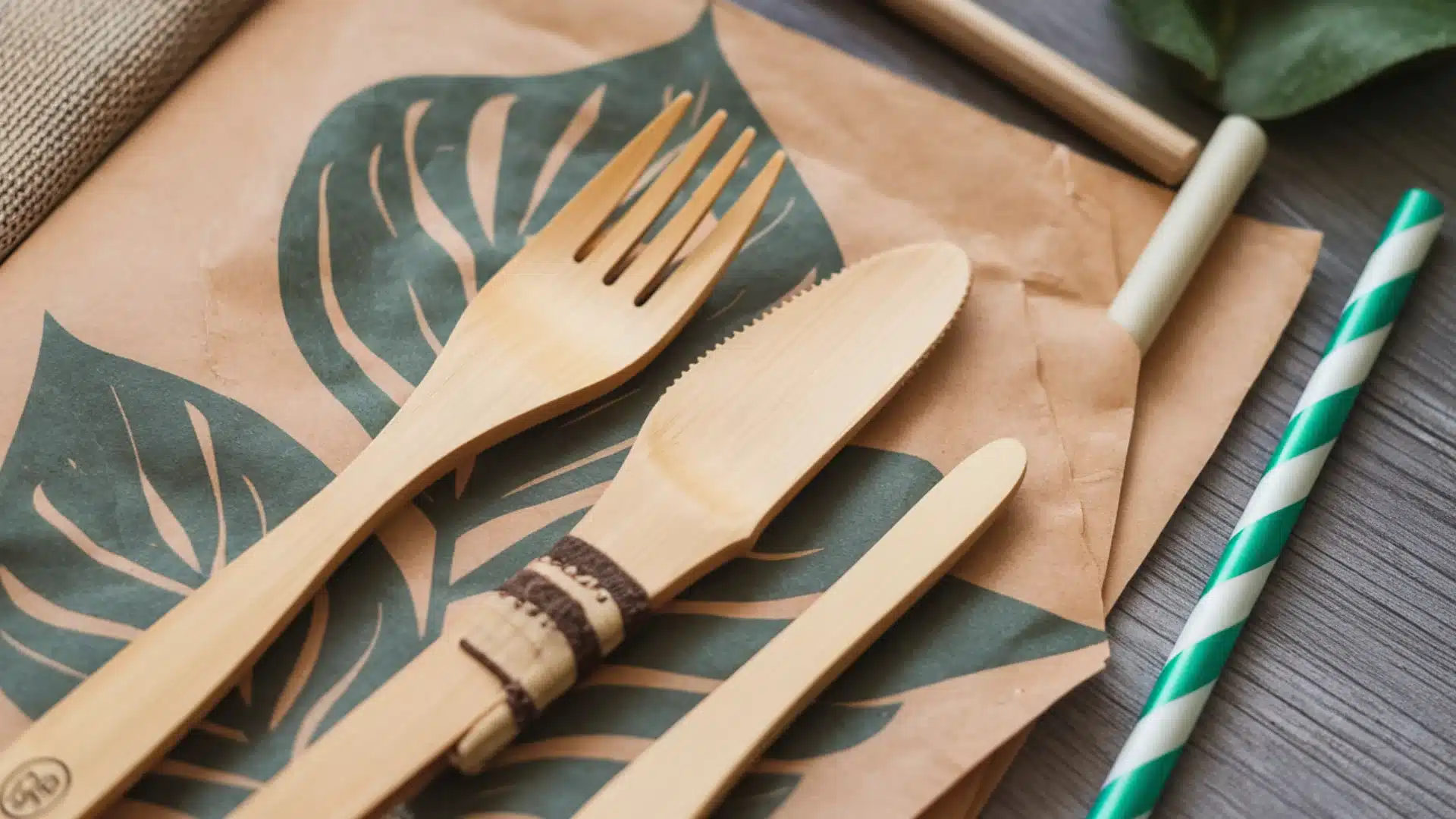 Eco friendly wooden cutlery set on paper napkin with a leaf prints and a reusable straw on the table