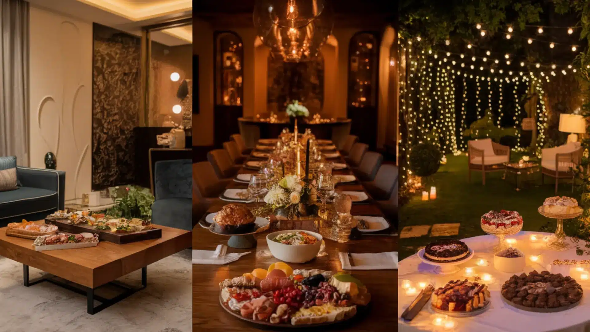 Elegant progressive dinner setups with indoor dining, gourmet table, and outdoor dessert garden lighting