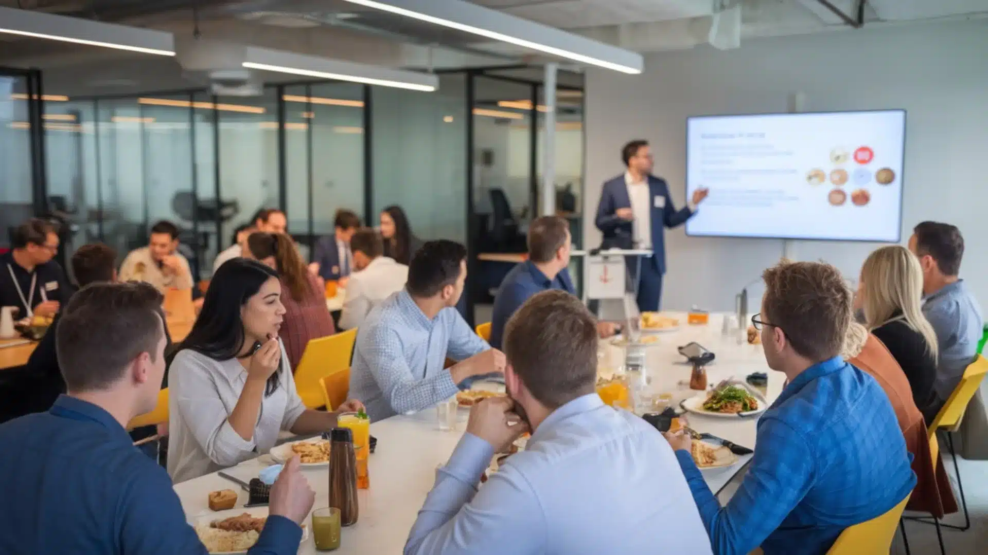 Employees attending lunch and learn session with presenter speaking and team eating together in office