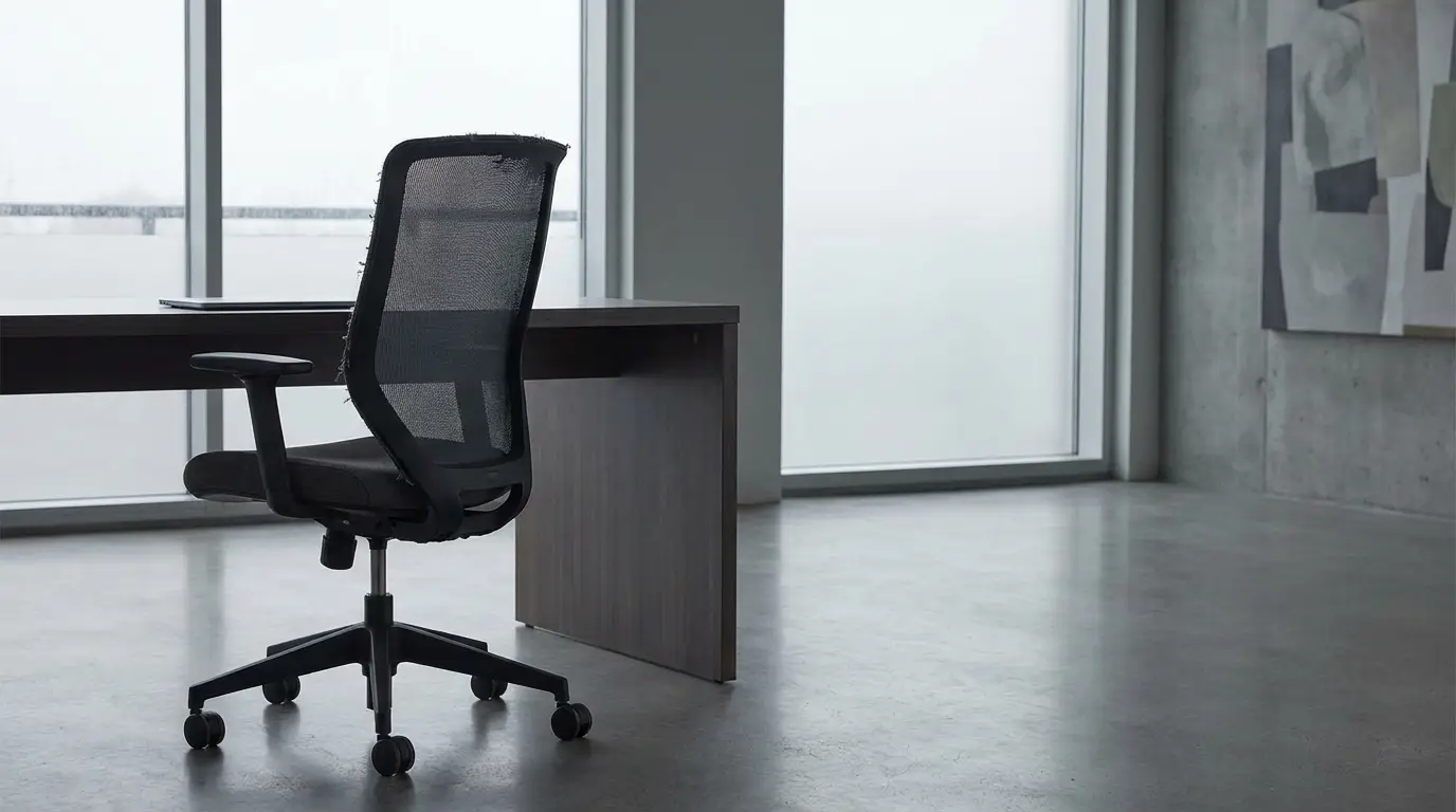 Mesh office chair at a wooden desk in a minimalist room with large windows