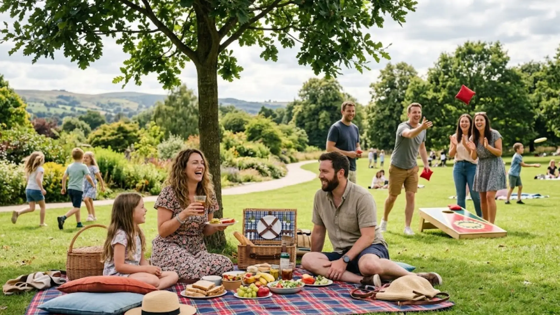 Family picnic in park with food spread, kids playing, adults enjoying lawn games on sunny afternoon