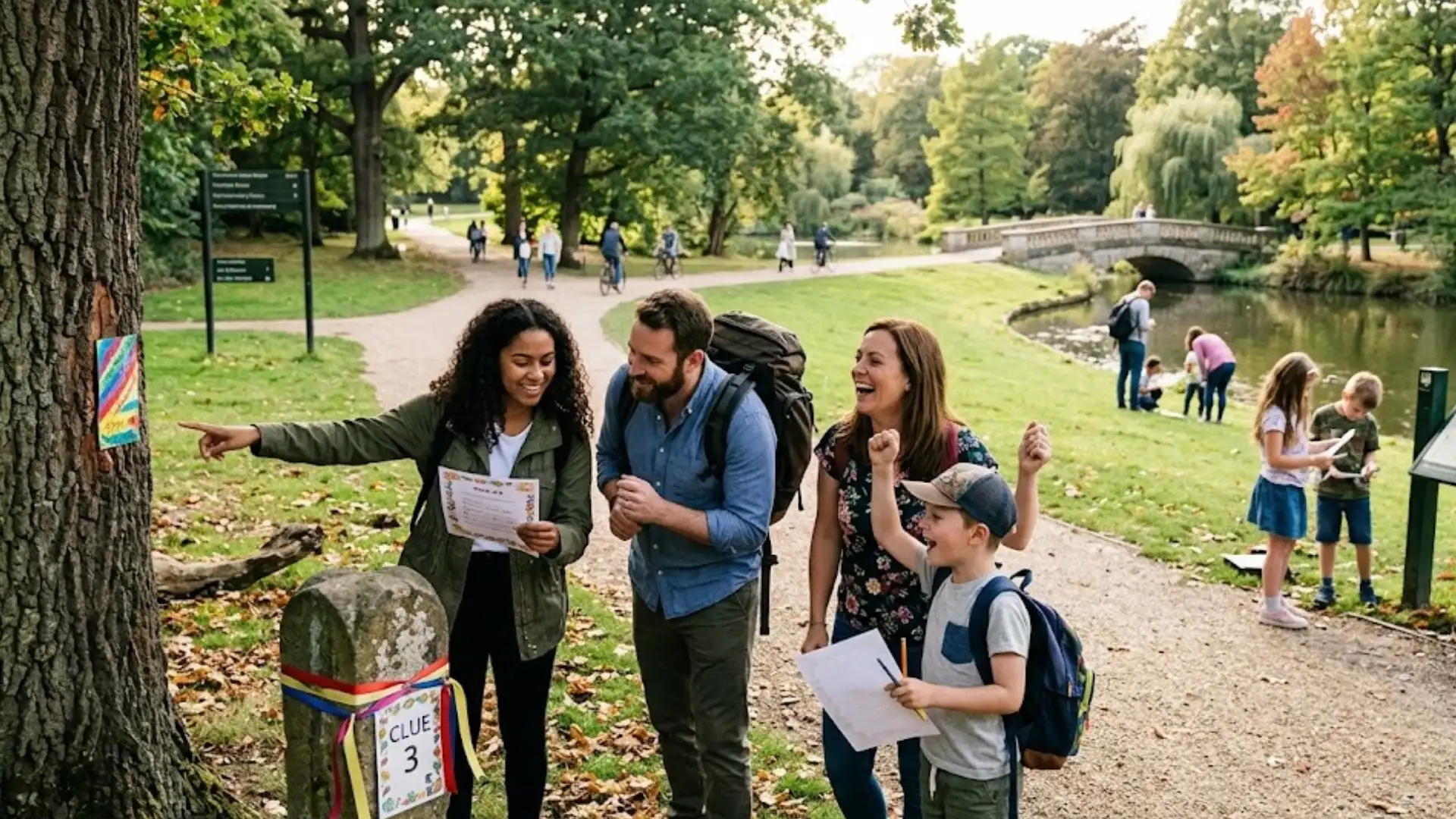 Family solving outdoor scavenger hunt clue in park near river, smiling and pointing at next location together