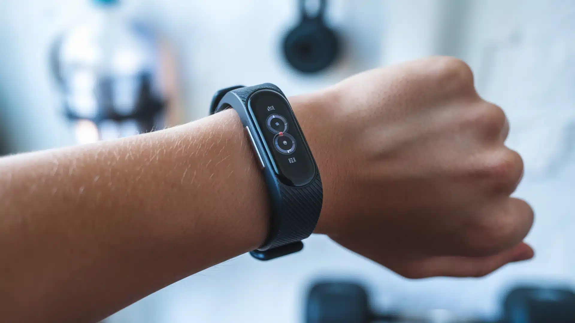 Fitness tracker worn on wrist showing health stats in modern indoor setting with blurred background