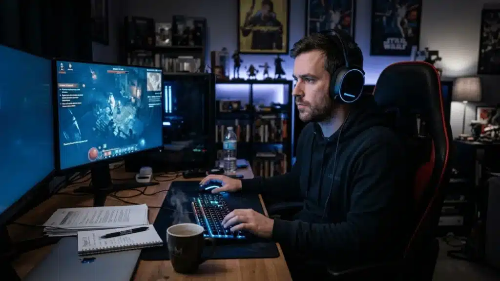 Focused gamer in a dim setup reviewing gameplay, with notes, coffee, and intense concentration.