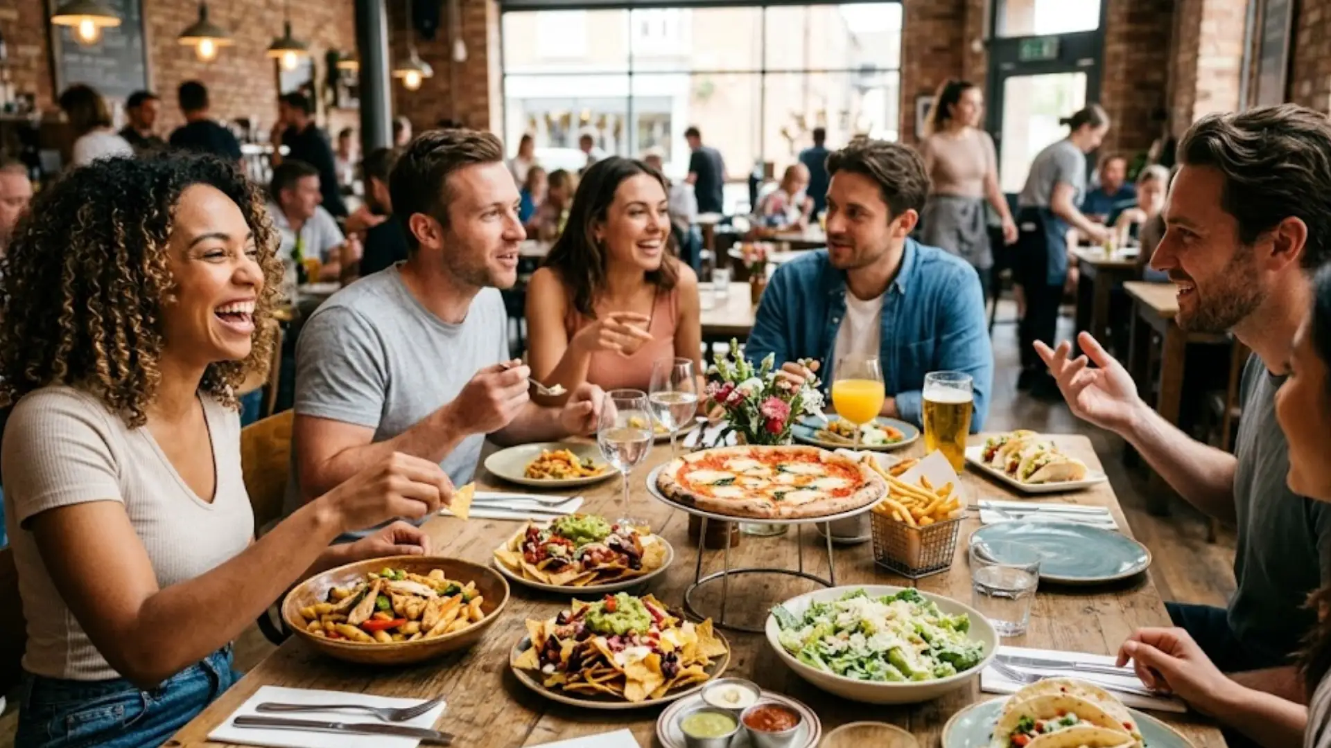 Friends enjoying meal at restaurant, sharing pizza and dishes while talking and laughing together