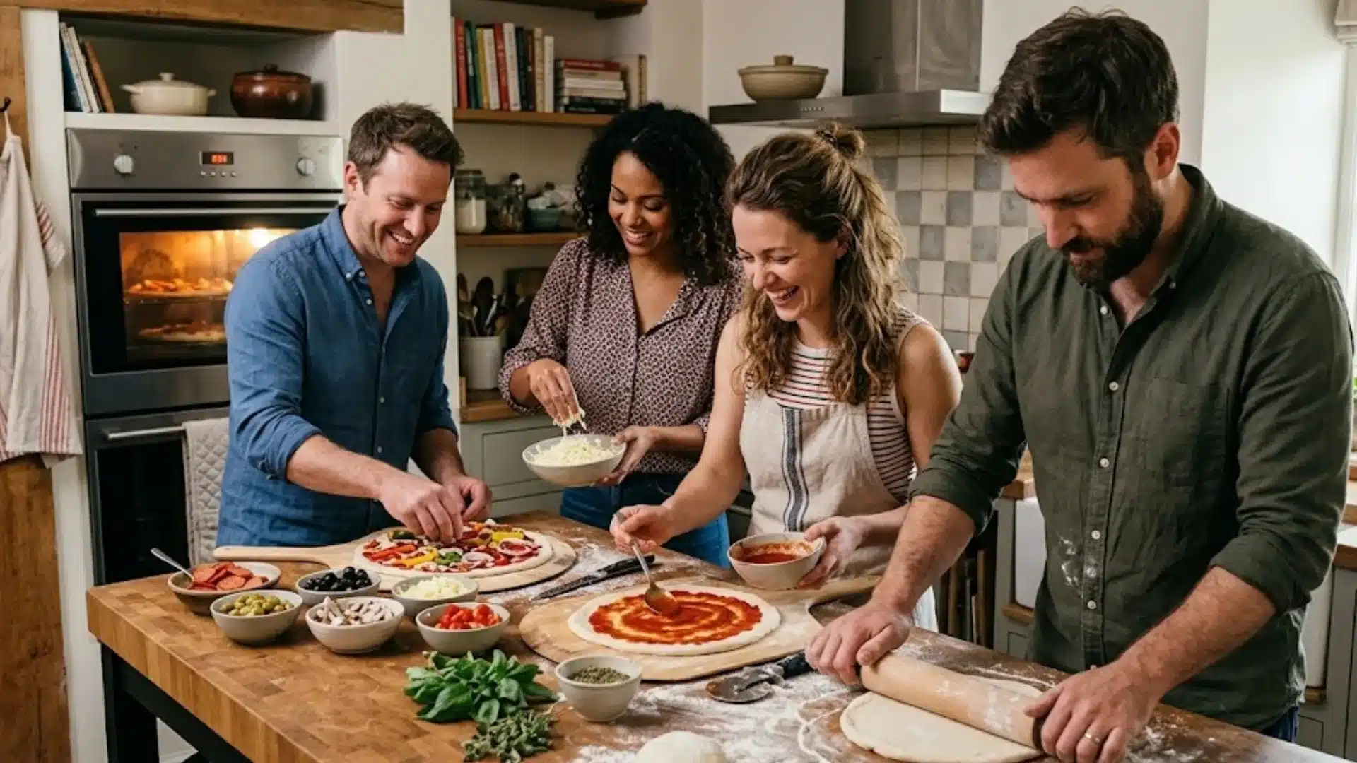 Friends making homemade pizza together in kitchen, adding toppings and preparing dough with smiles