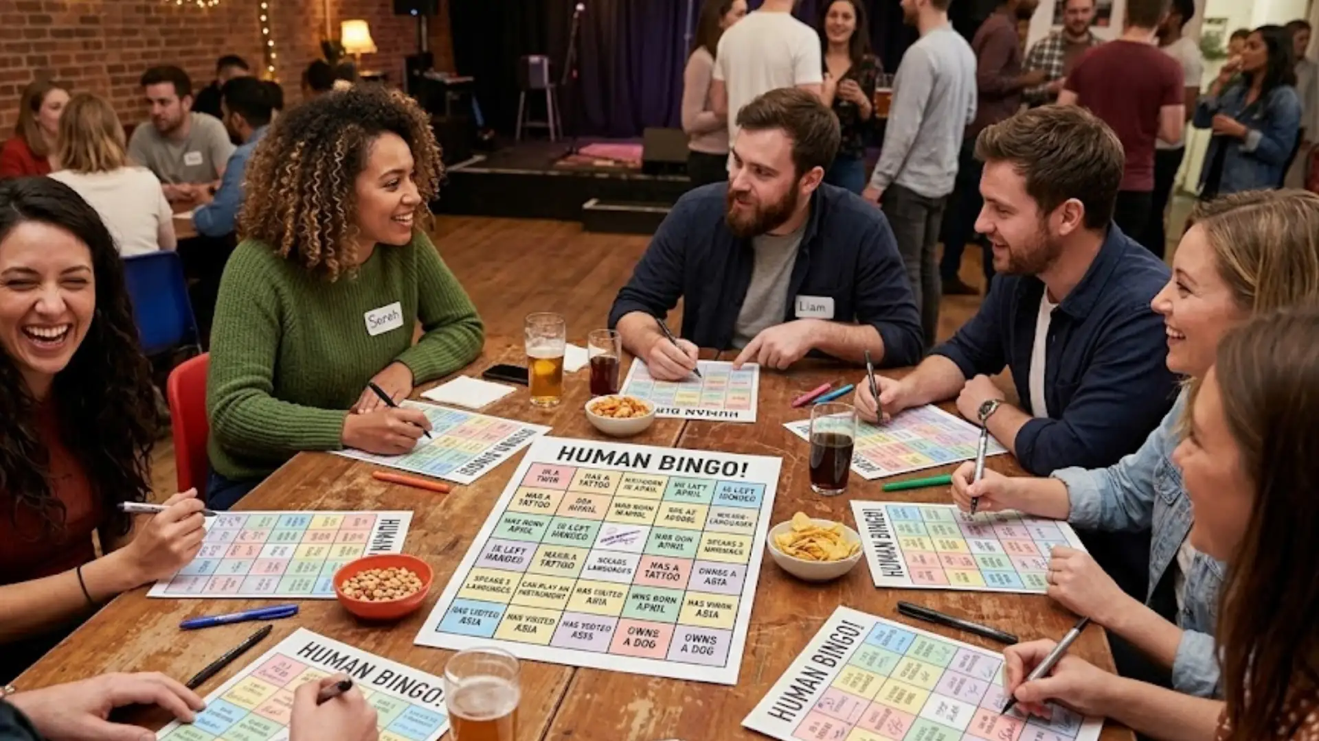 Friends playing human bingo game at table with drinks and snacks, laughing and engaging socially