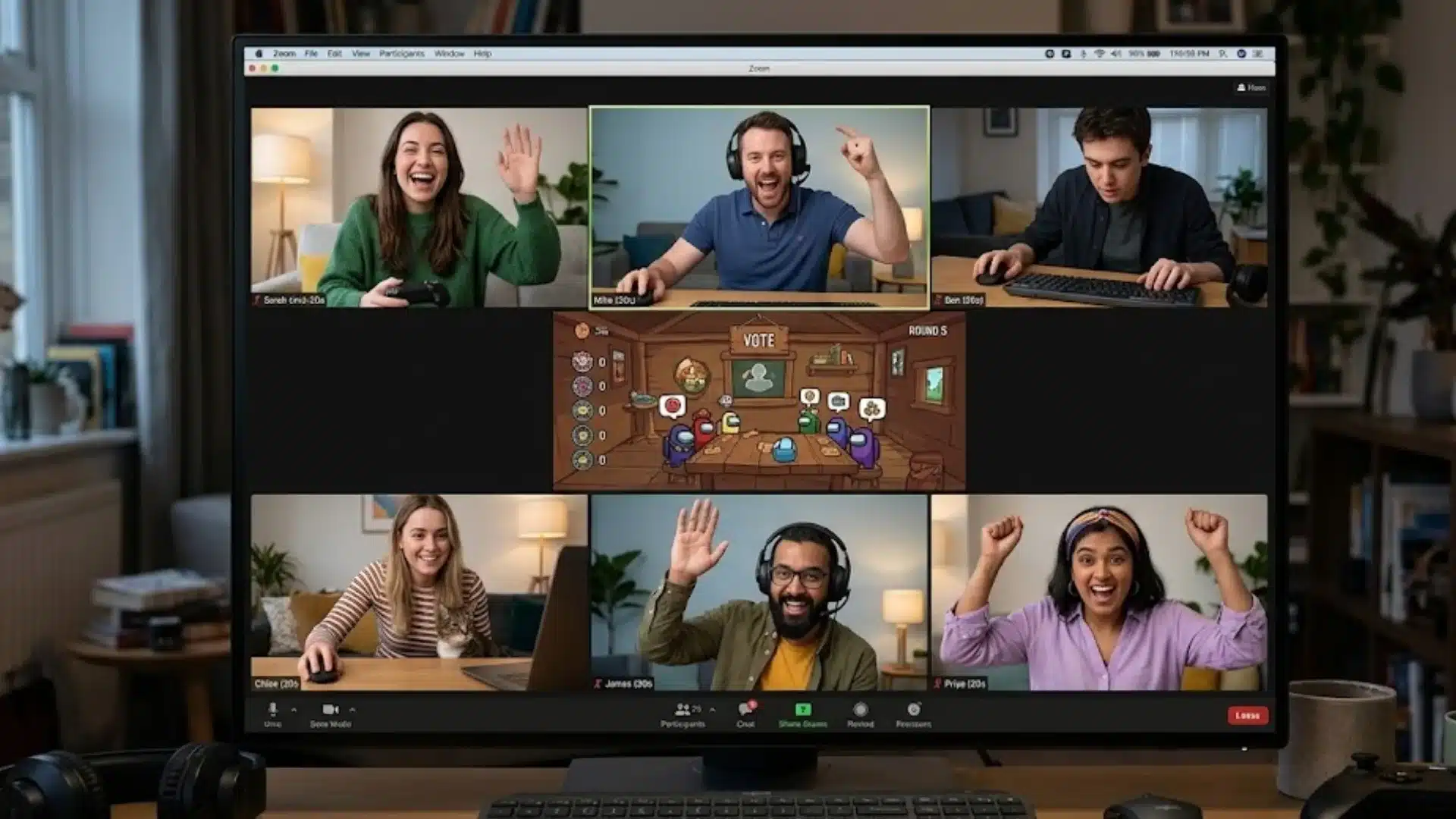 Friends playing online game via video call on computer, laughing and interacting during virtual game night