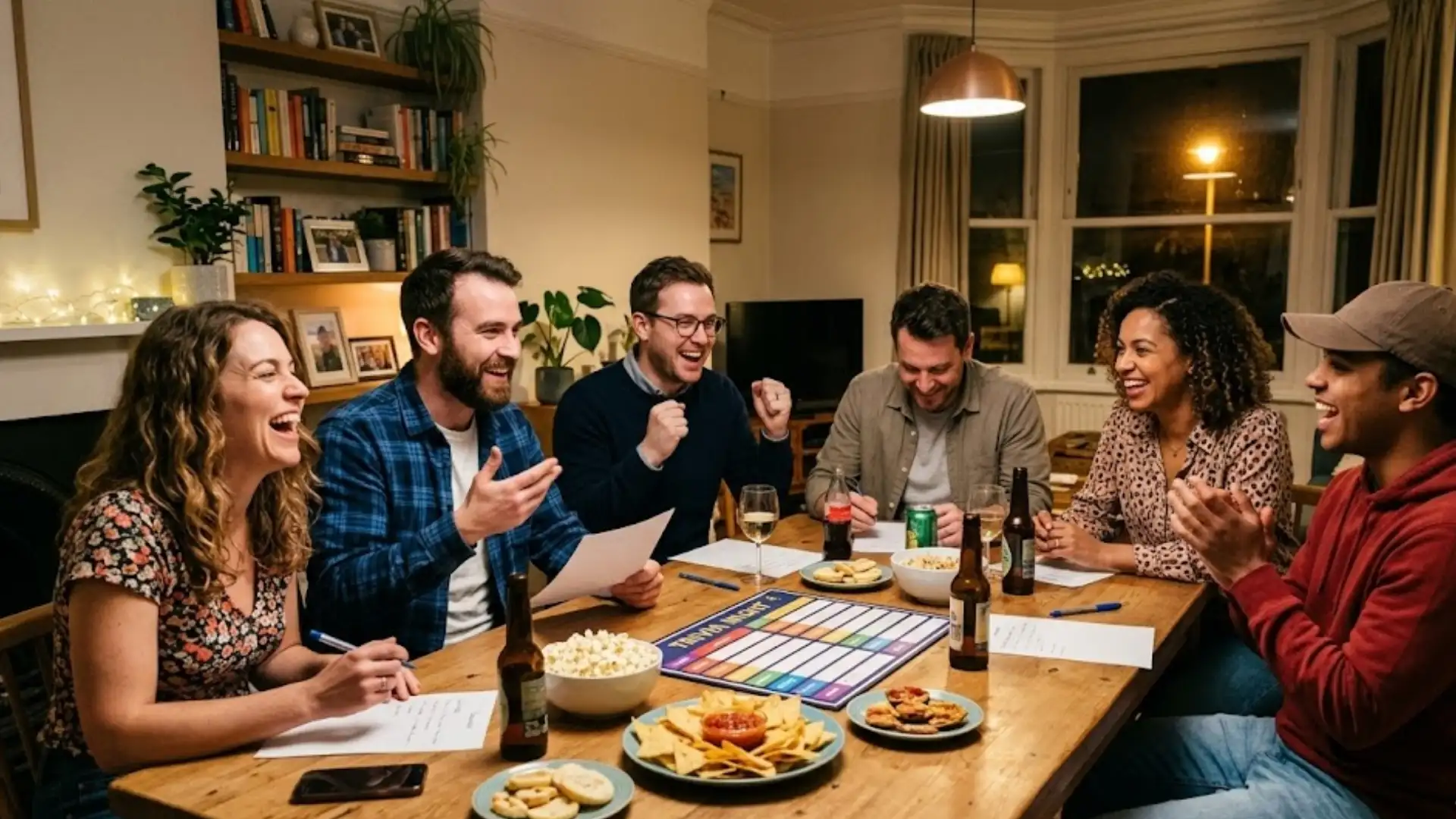 Friends playing trivia board game at table with snacks and drinks, laughing and celebrating answers indoors