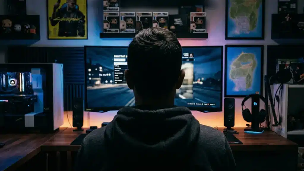 Gamer staring at game library on monitor, looking bored and overwhelmed in a cozy gaming room setup