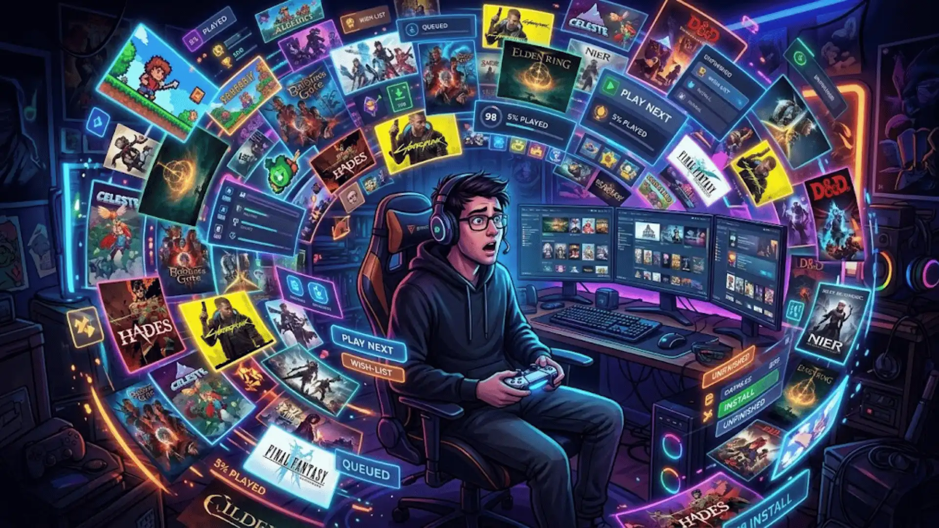 Gamer surrounded by floating game screens and icons, showing overwhelming game backlog in neon-lit digital setup