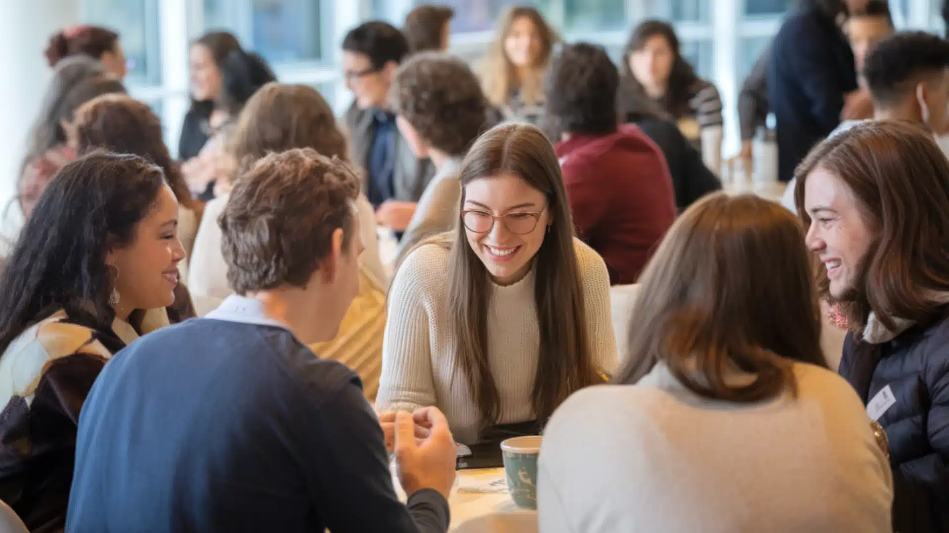 Group of colleagues chatting and smiling together during casual indoor networking or social meetup