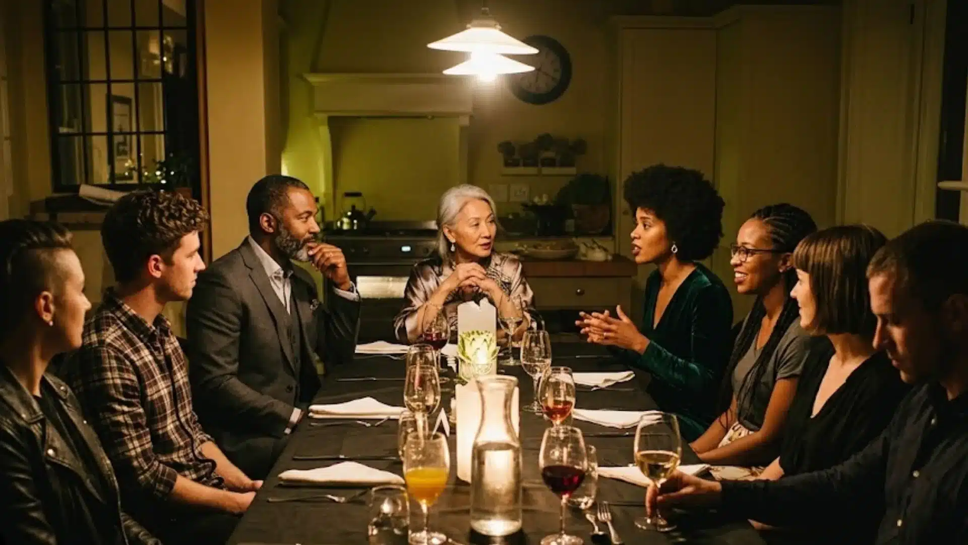 Group of friends having dinner indoors, talking and sharing drinks around candlelit dining table