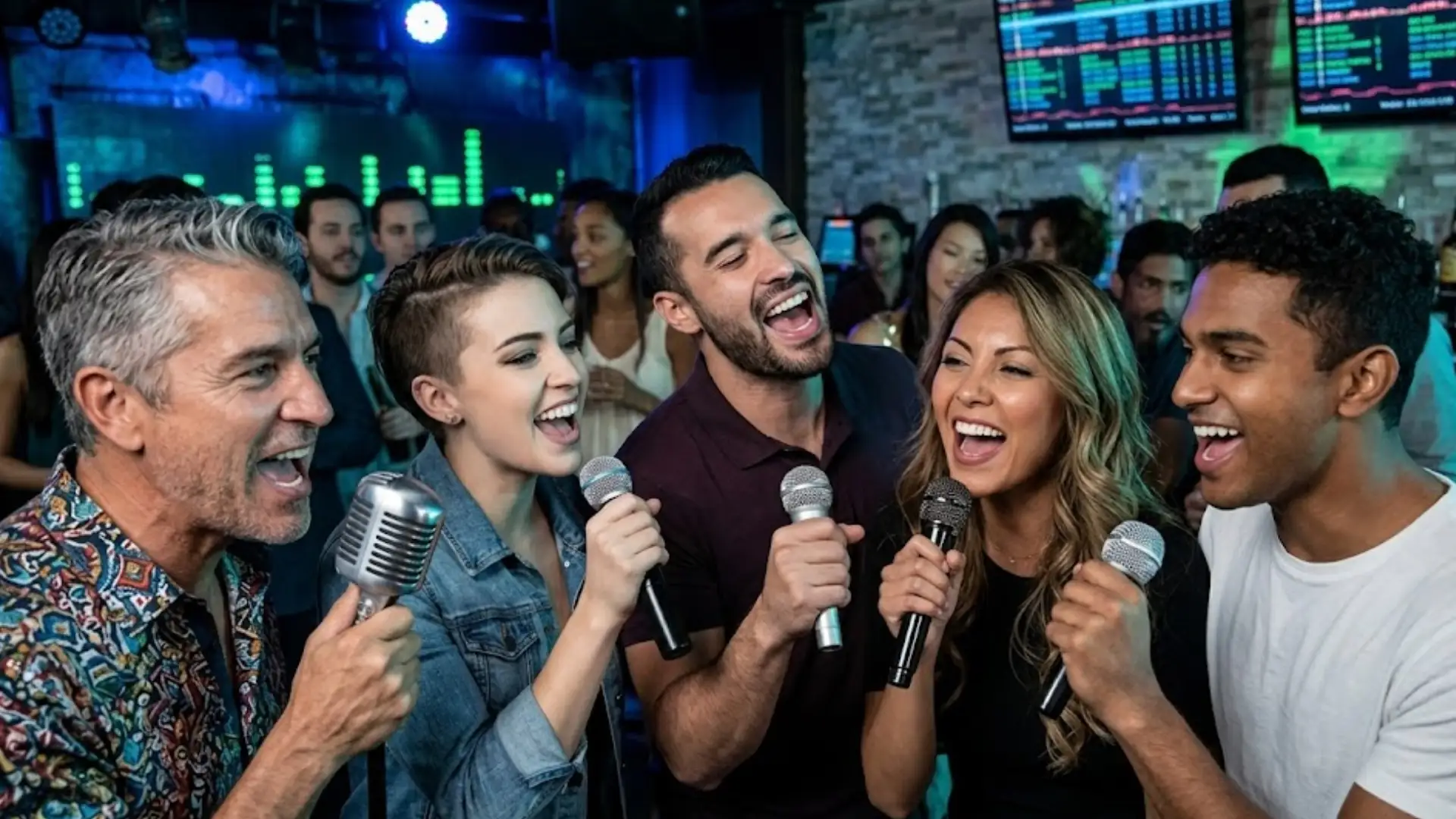 Group of friends singing karaoke with microphones in lively bar, smiling and enjoying music together