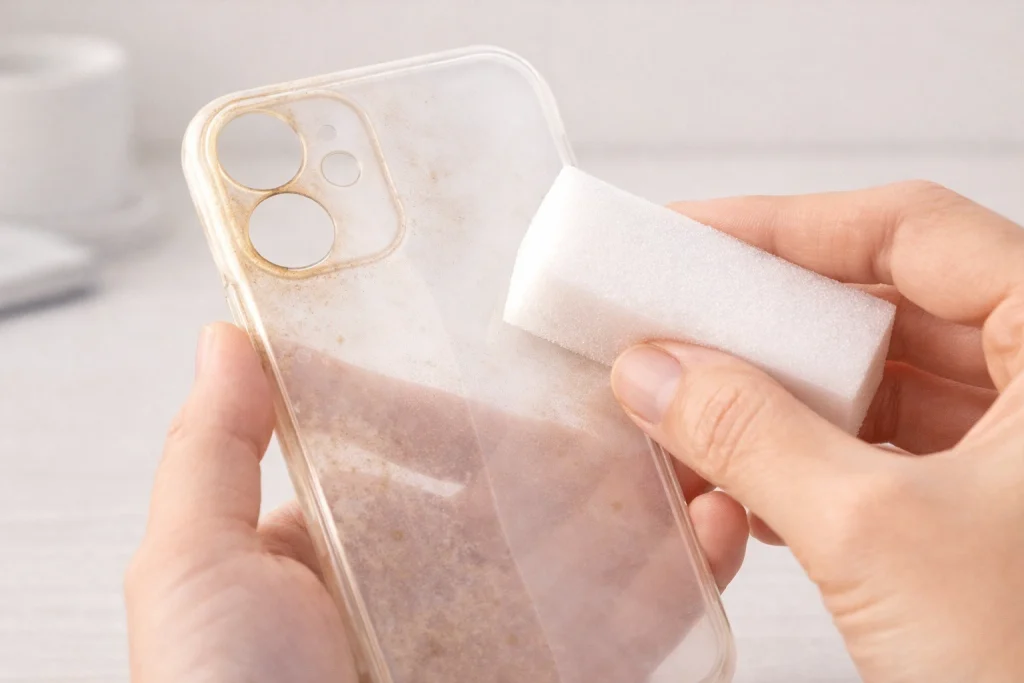 Hands cleaning a stained, yellowed clear phone case with a white magic eraser sponge.