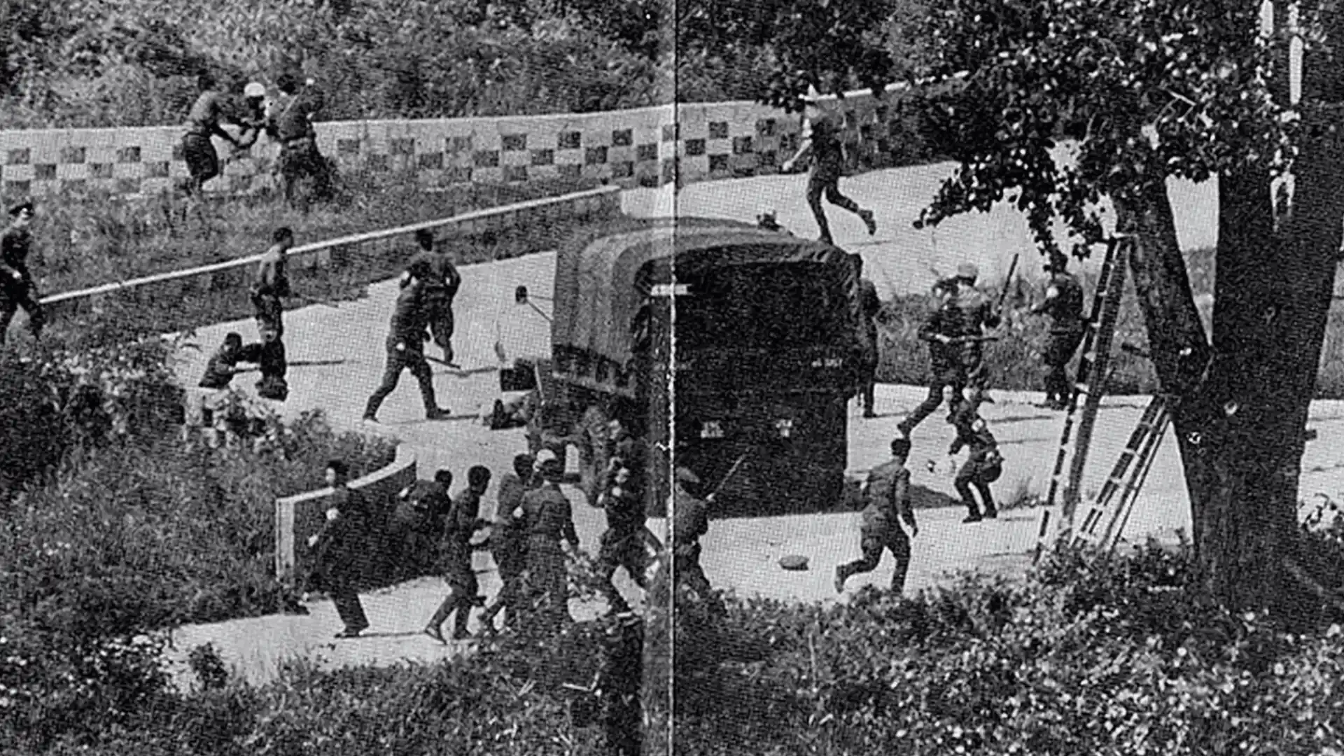 Operation Paul Bunyan image shows soldiers rushing around truck during tense military confrontation scene