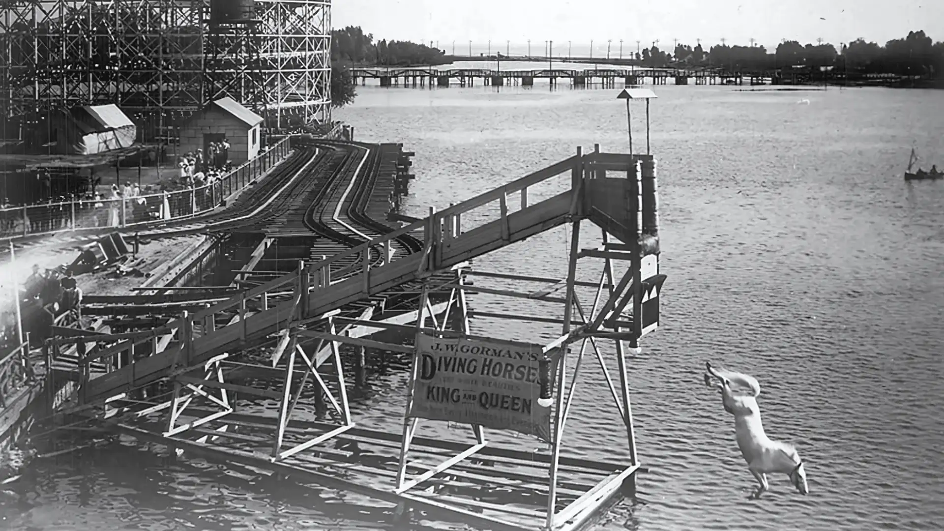 Old image of horse diving off high platform into water near wooden amusement structure and spectators