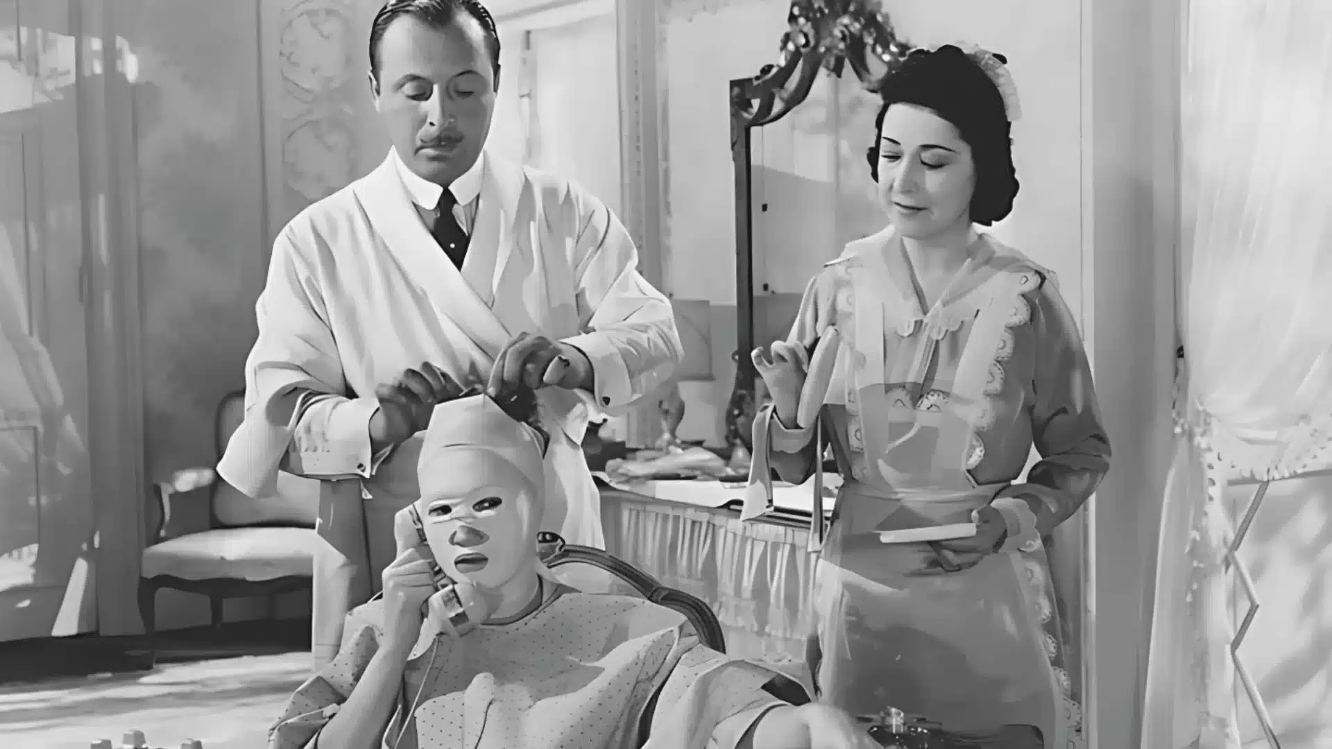 Vintage beauty treatment scene showing woman on phone wearing ice face mask as attendants assist nearby