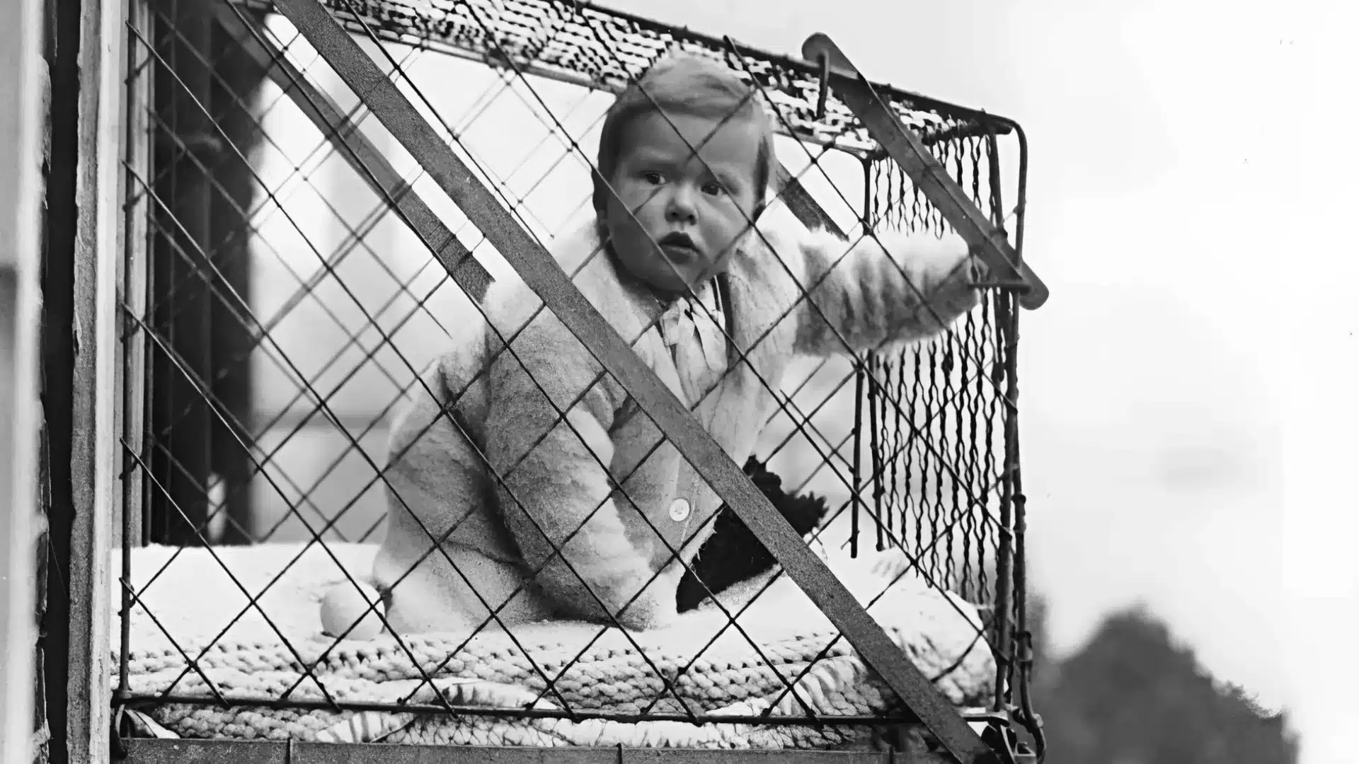 Black and white photo of baby in outdoor cage attached to window, wearing coat and looking through wire mesh