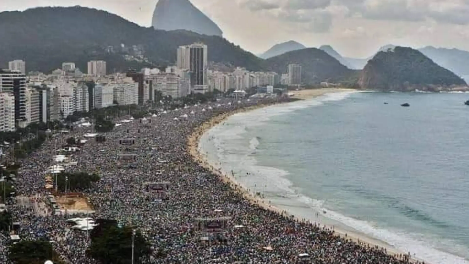 Daytime aerial view of Copacabana Beach packed with millions attending historic Rod Stewart concert