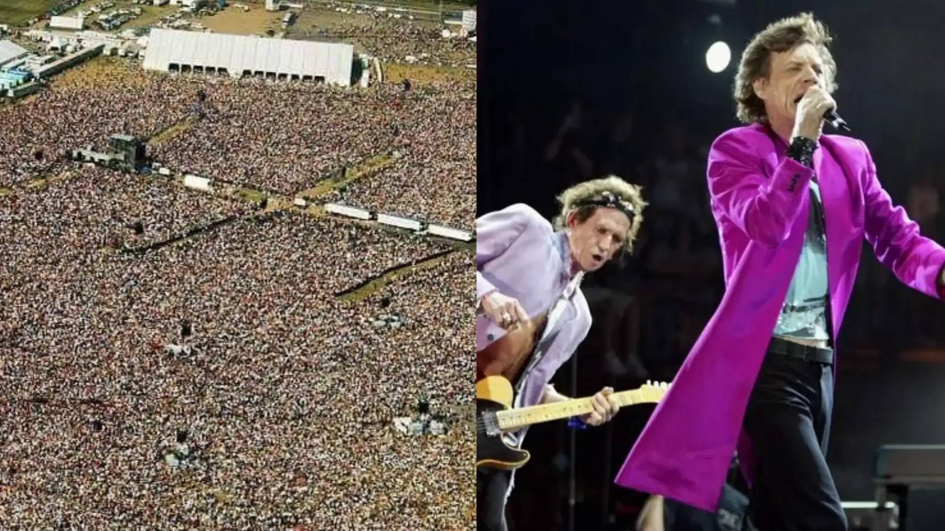Rolling Stones performing live at Downsview Park with Mick Jagger singing and guitarist playing beside him