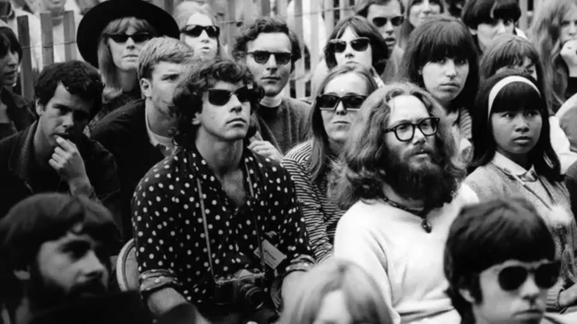 Crowd at Monterey Pop Festival sitting and standing closely together during iconic outdoor music event