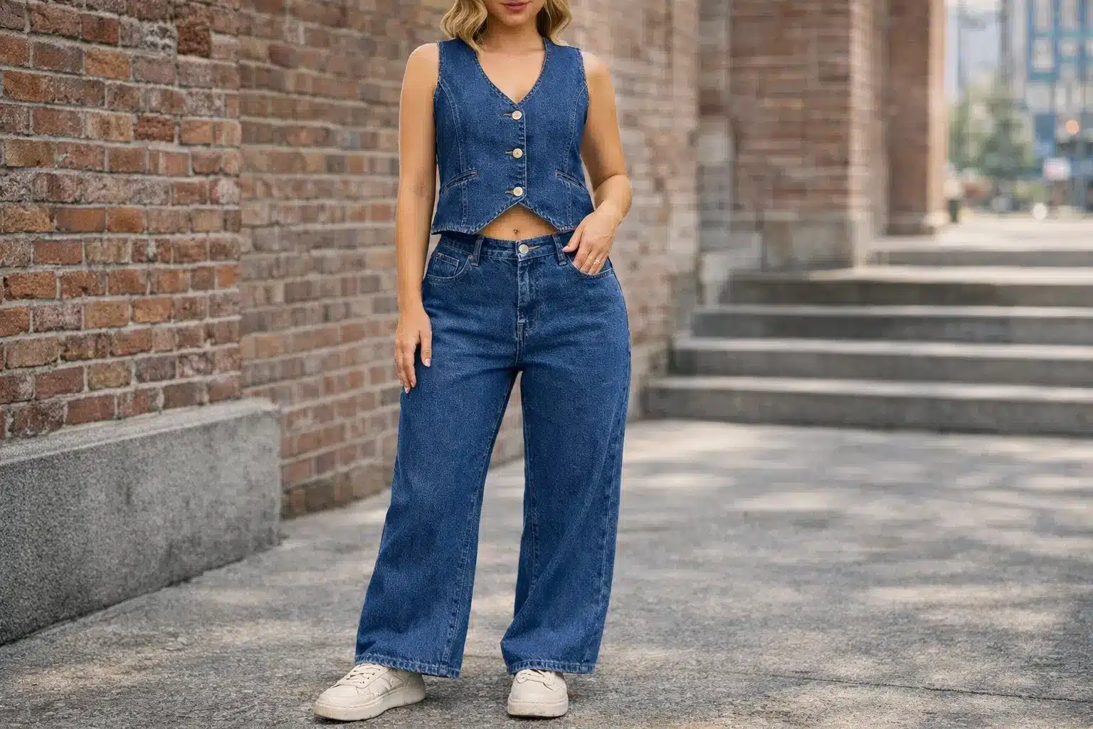 Woman wearing denim vest and wide leg jeans in a denim on denim outfit outdoors