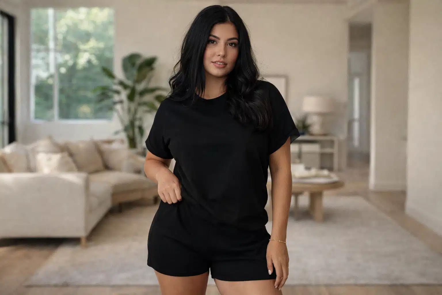 A Gen Z girl wearing black biker shorts with oversized black shirt in a modern living room