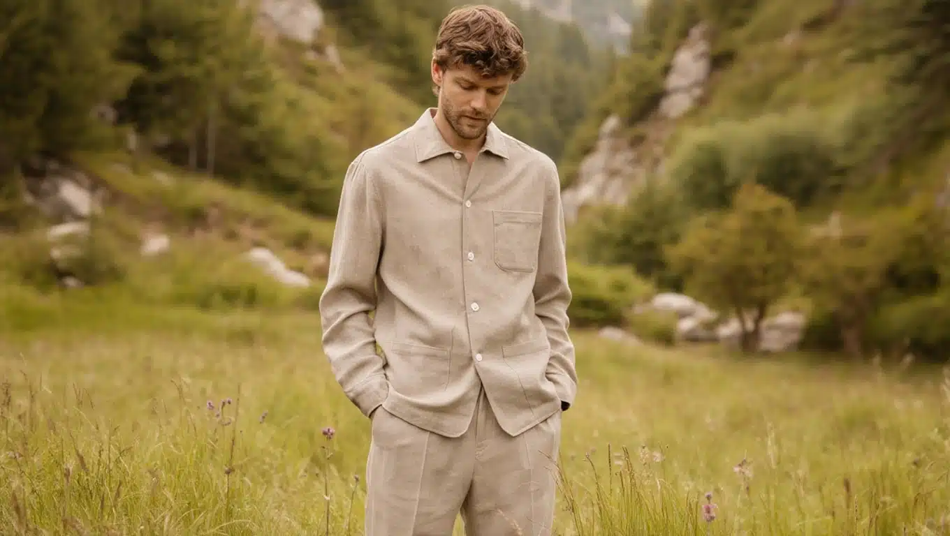 Man wearing neutral tone co ord set standing in grassy outdoor landscape