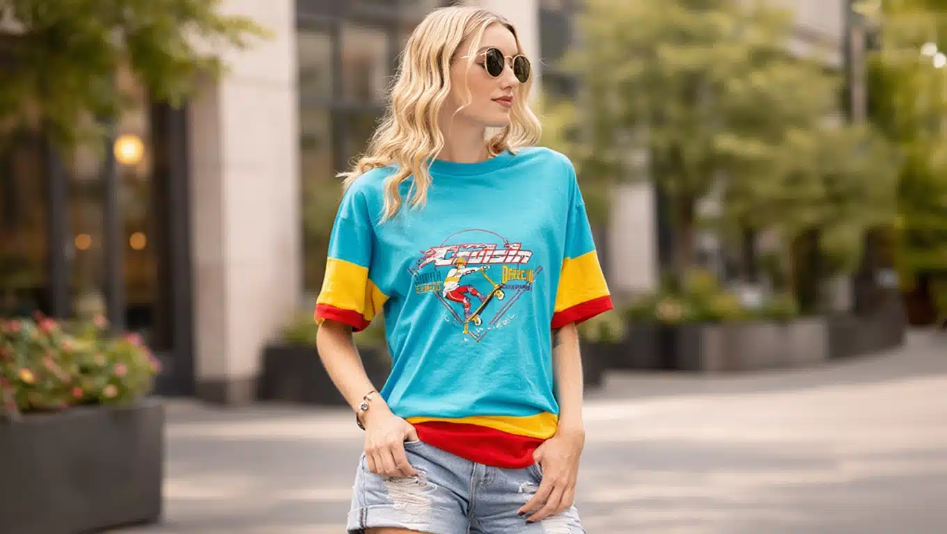 A Gen Z girl wearing thrifted vintage graphic tee with reworked denim shorts outdoors