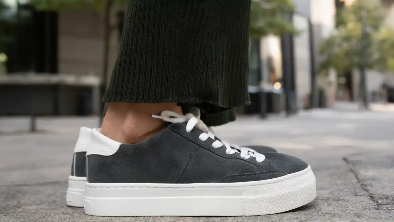Close up of black and white platform sneakers worn with wide leg pants outdoors