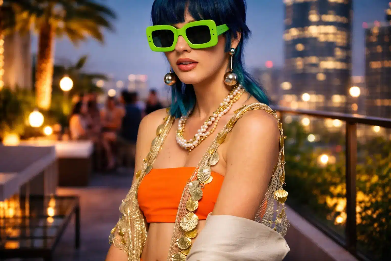 Gen Z girl wearing neon green statement sunglasses at rooftop evening event