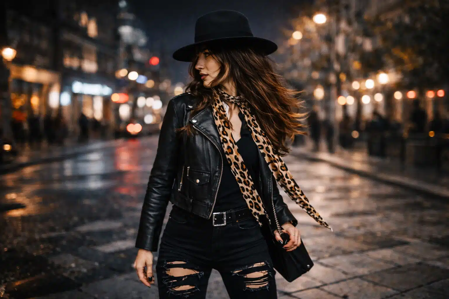 Woman in ripped black jeans, faux leather jacket, and band tee on city street at night