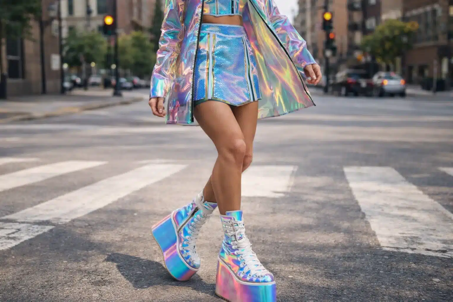 Woman in neon top and holographic shorts wearing platform boots on city street