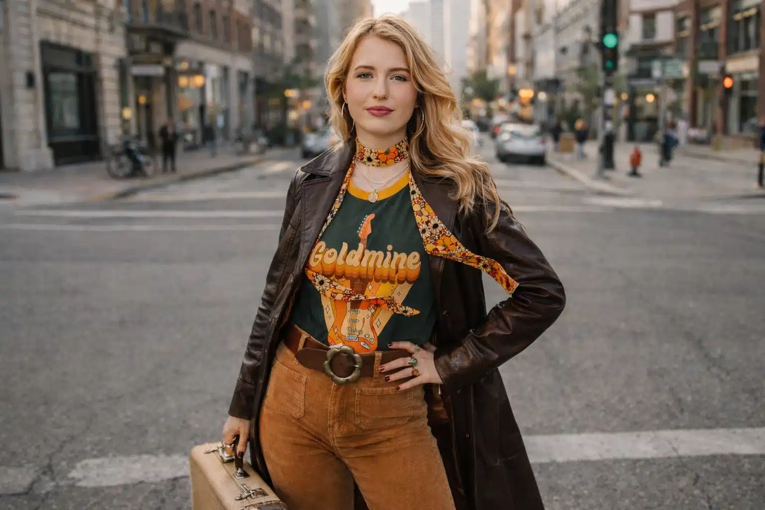 Woman wearing vintage band tee with corduroy pants and layered necklaces