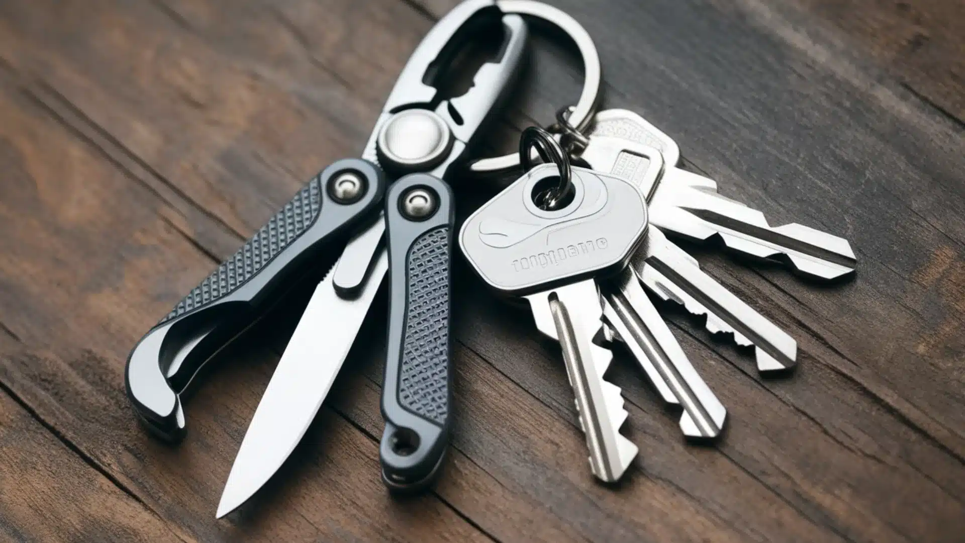 Keychain multitool with knife and keys attached placed on wooden surface showing compact everyday carry
