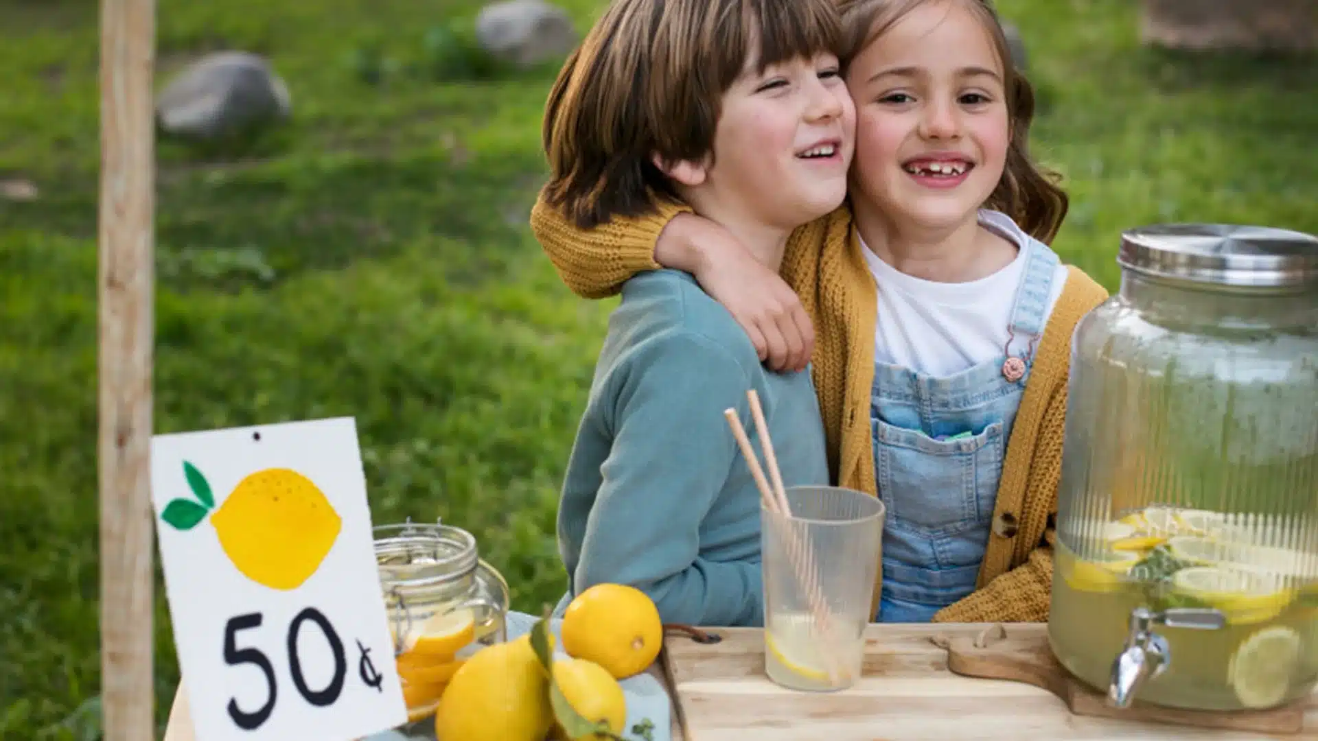 Kids running lemonade stand outdoors with fresh drinks, raising funds through community partnership