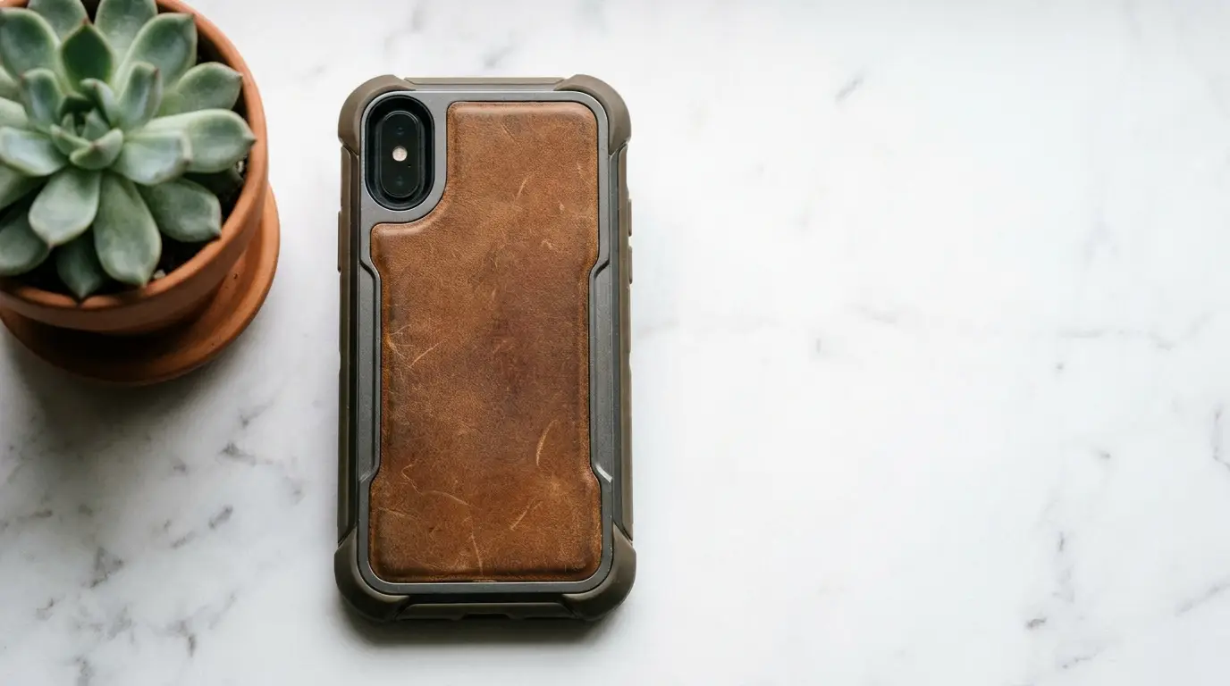 Brown leather phone case on marble surface next to potted succulent plant