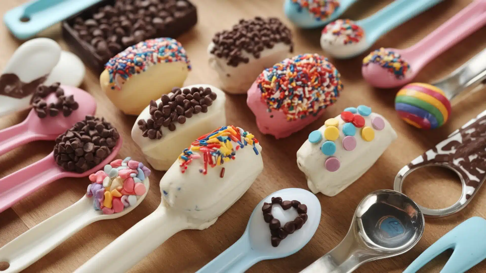 Mini ice cream bars dipped in chocolate and sprinkles arranged with colorful spoons and toppings on table
