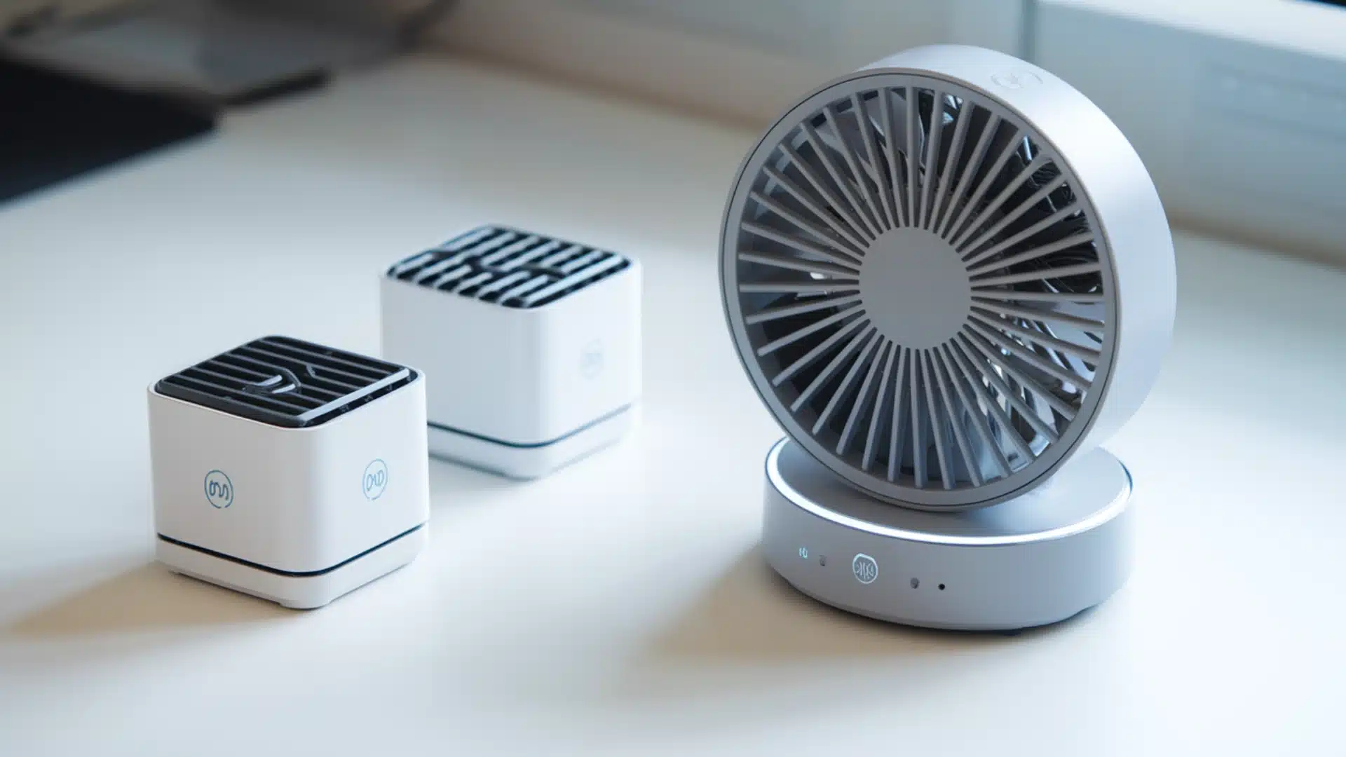 Minimalist desk setup with small fan and compact air purifiers on clean white surface near window
