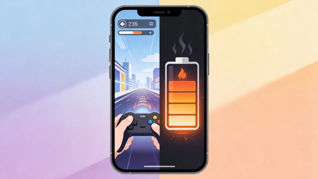 Modern illustrated split-scene featuring a smartphone in the center. On the left side, represent 120Hz benefits with ultra-smooth scrolling, fluid app transitions