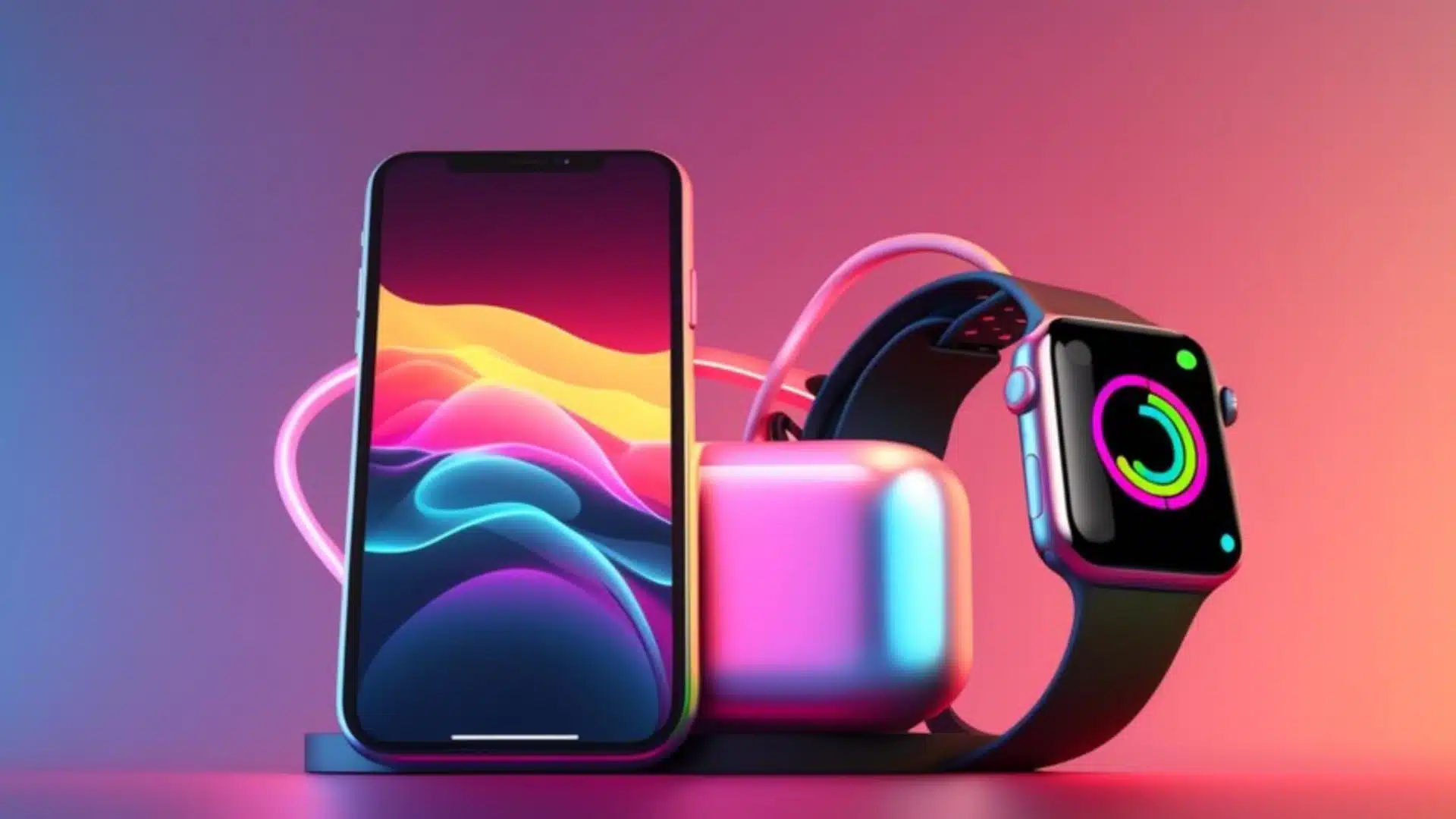 Modern smartphone wireless earbuds and smartwatch displayed with glowing neon colors on gradient background